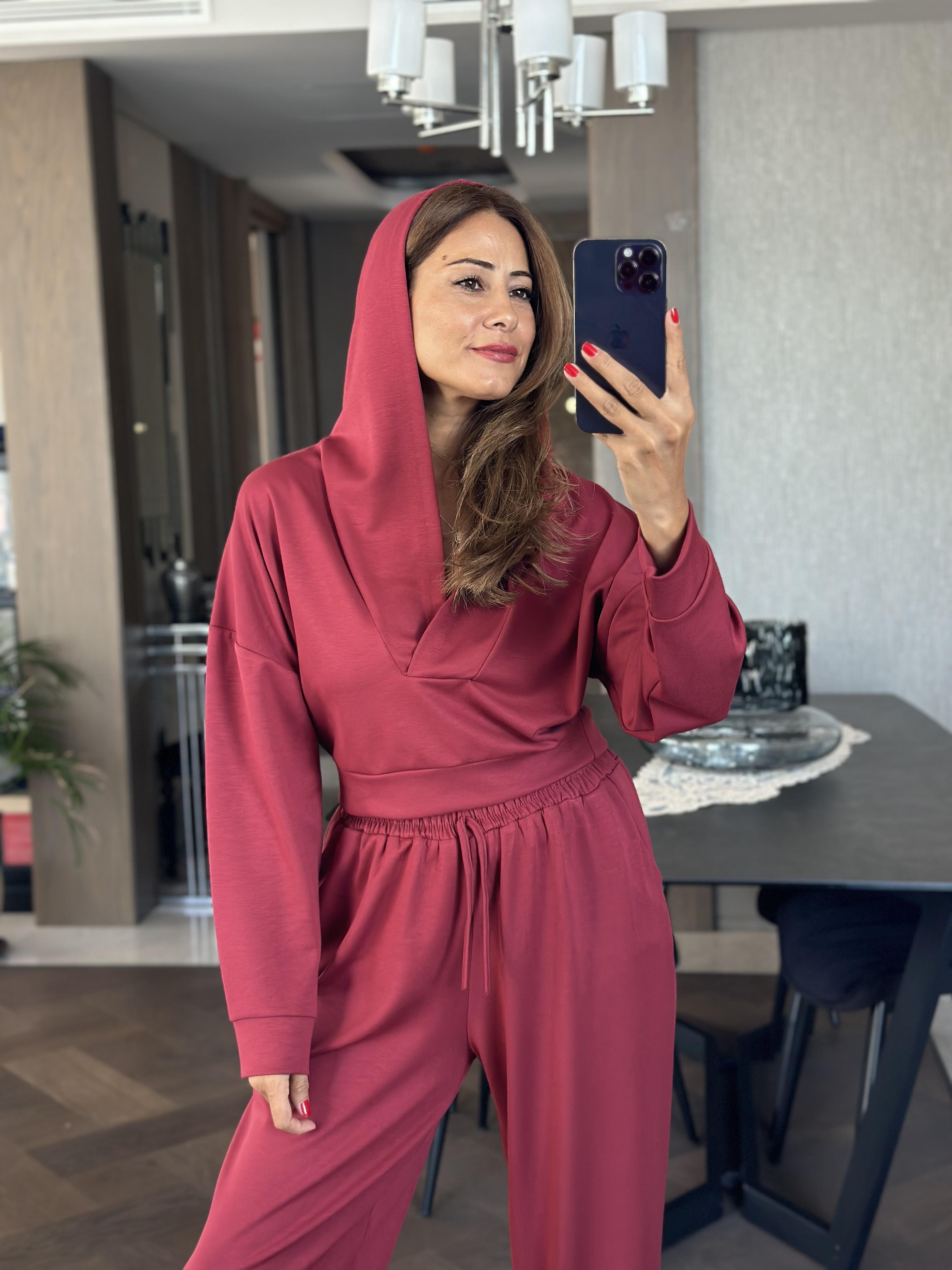 Bordo Kapüşonlu Sweat Düz Paça Pantolon Kadın İkili Takım