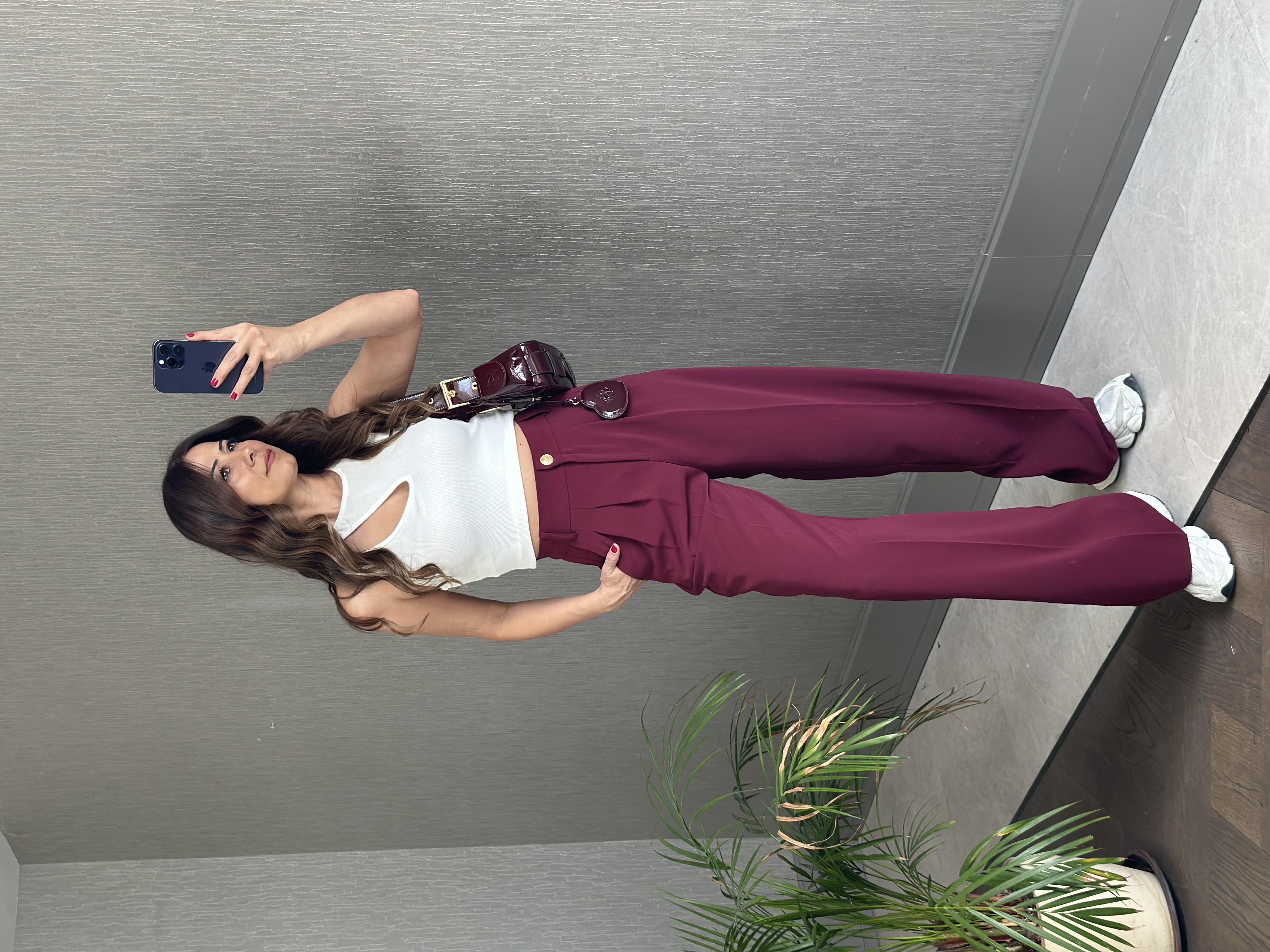 Bordo Karol Gold Düğmeli Arka Beli Lastikli Geniş Paça Kumaş Kadın Pantolon