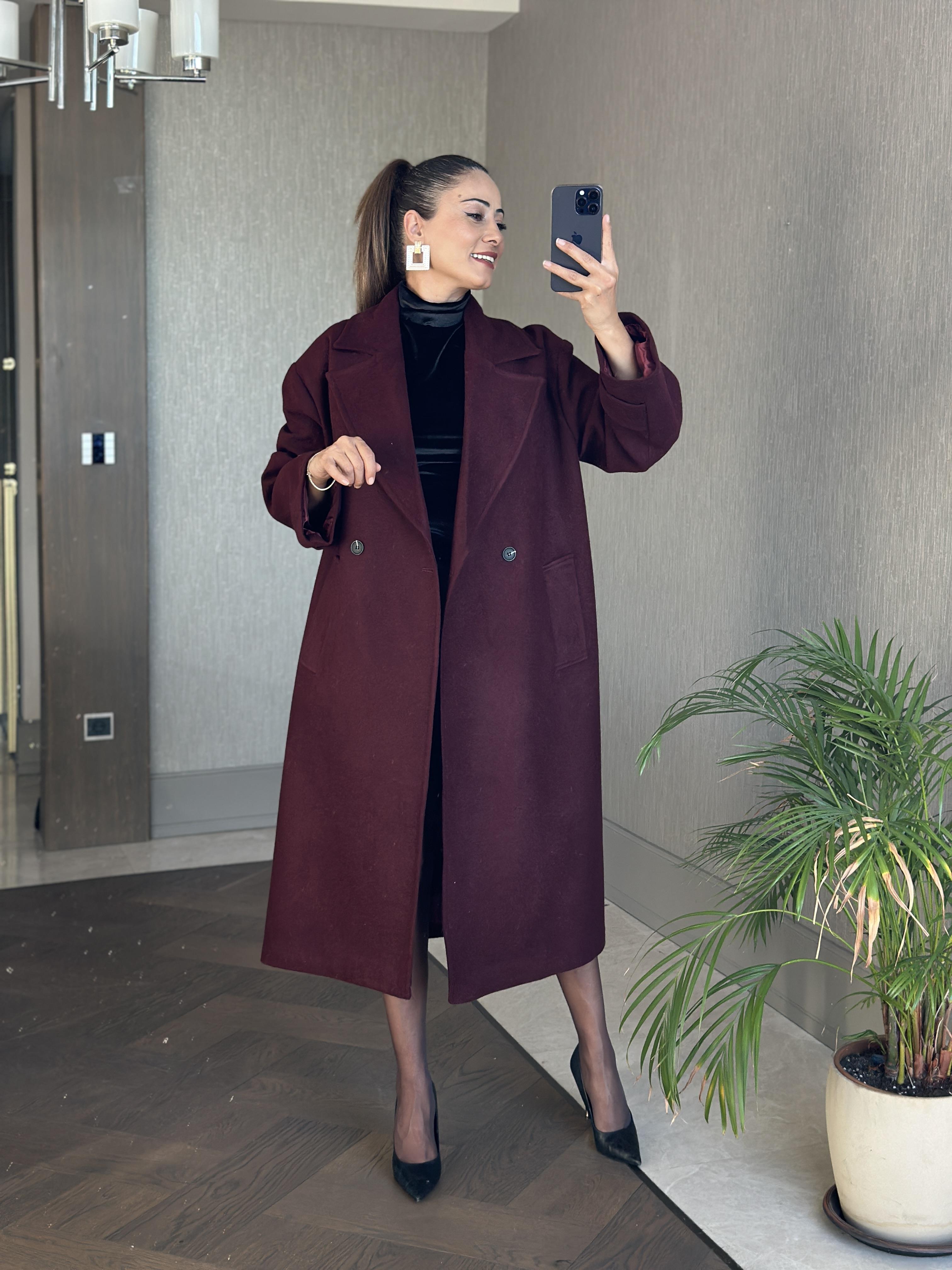 Bordo Kolları Apolet Detay Düğmeli Oversize  Cepli Kadın Kaşe Kaban