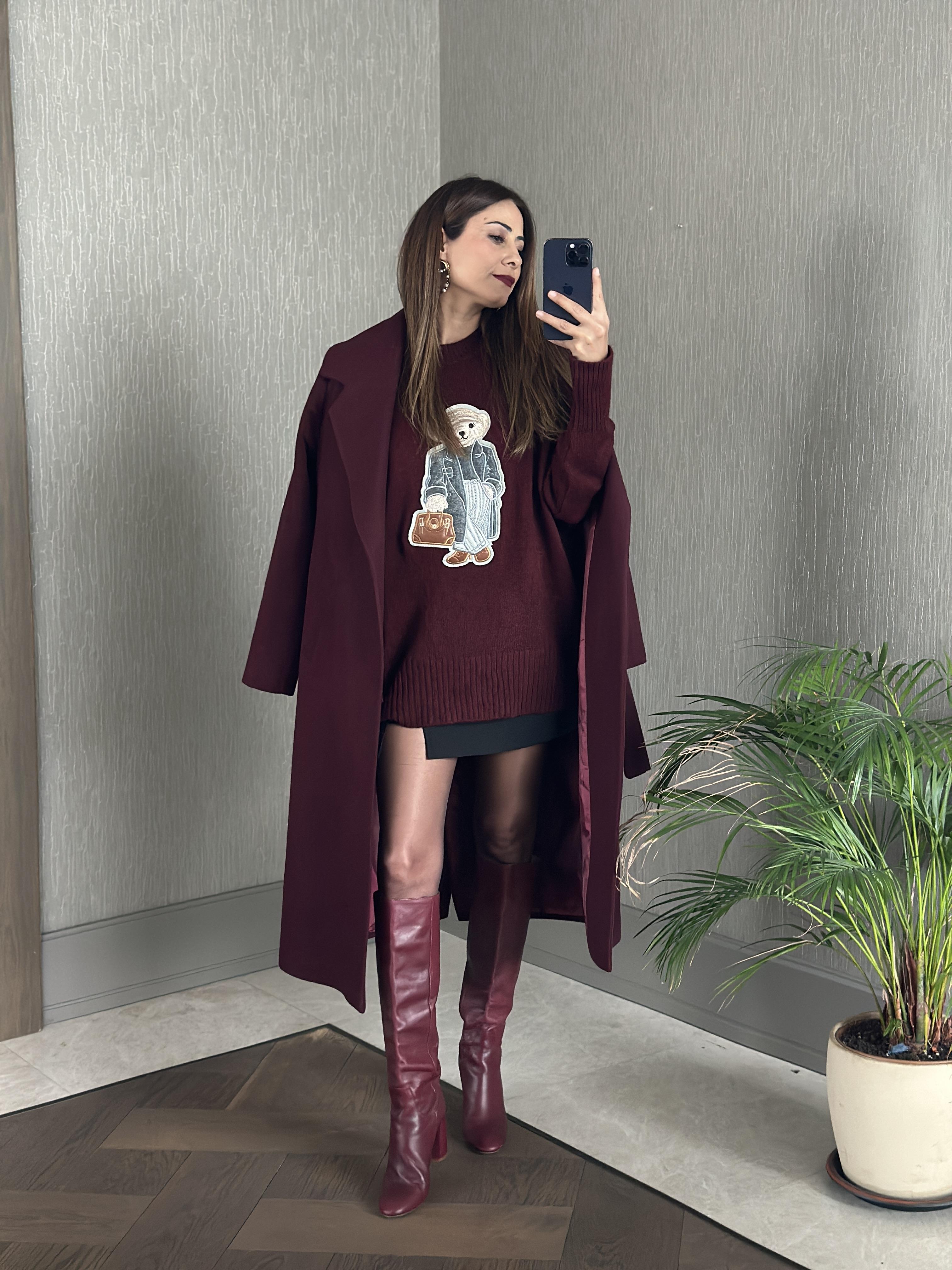 Bordo Kuşaklı Kesik Yaka Kaşe Kadın Kaban