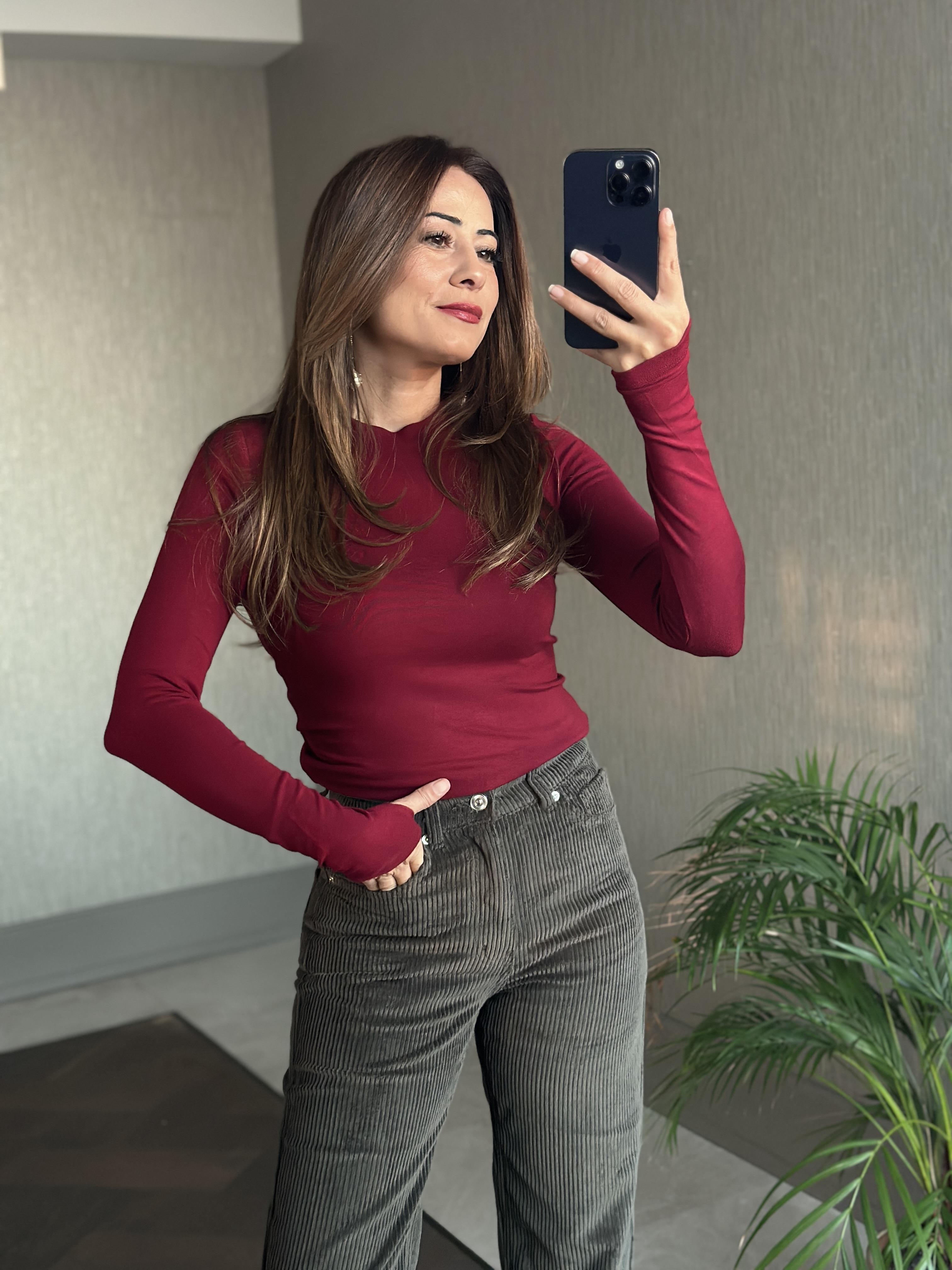 Bordo Parmak Detay Bisiklet Yaka Yumoş Kadın Body