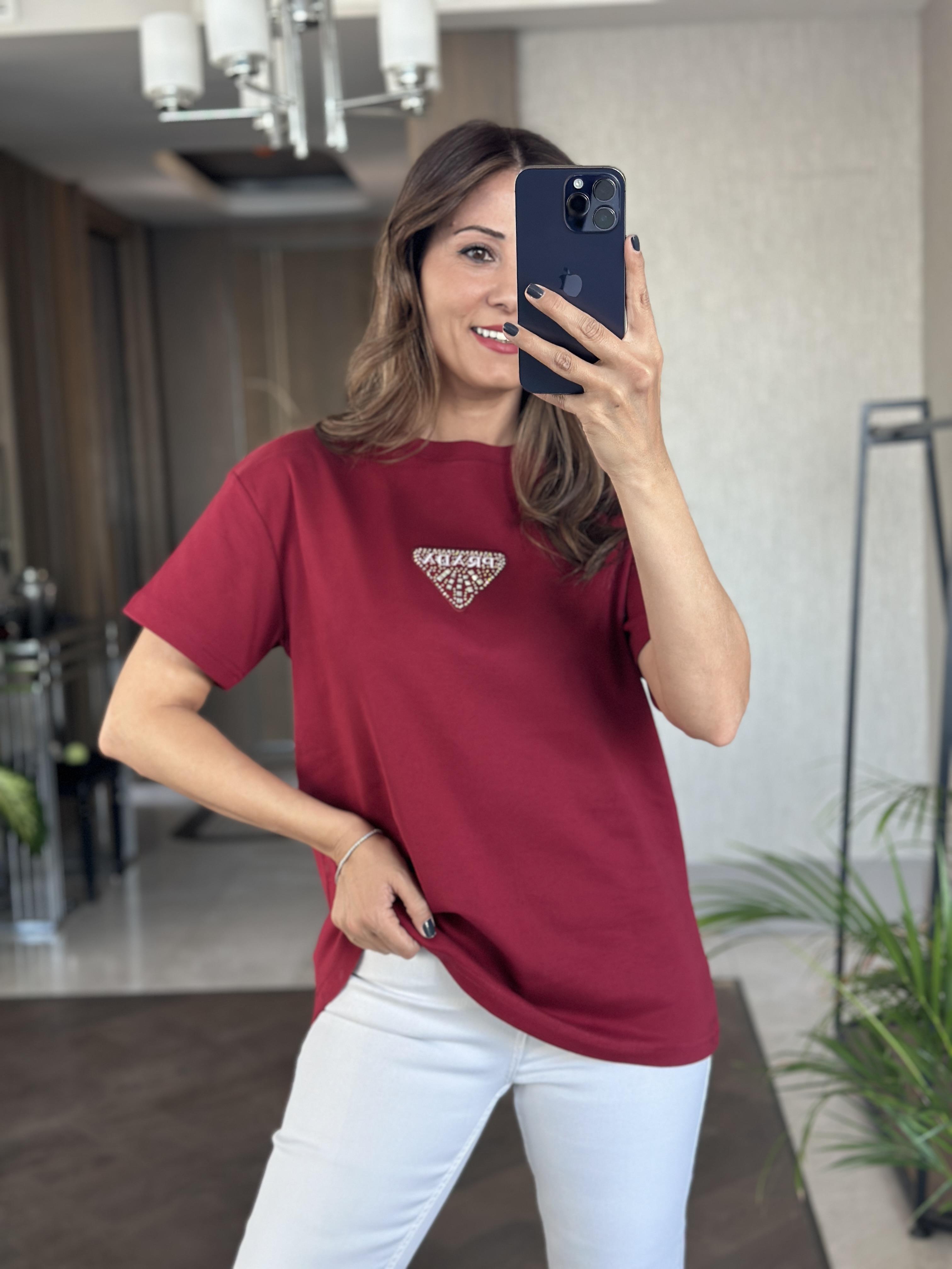 Bordo Prd Üçgen Logolu Bisiklet Yaka Kadın T-Shirt