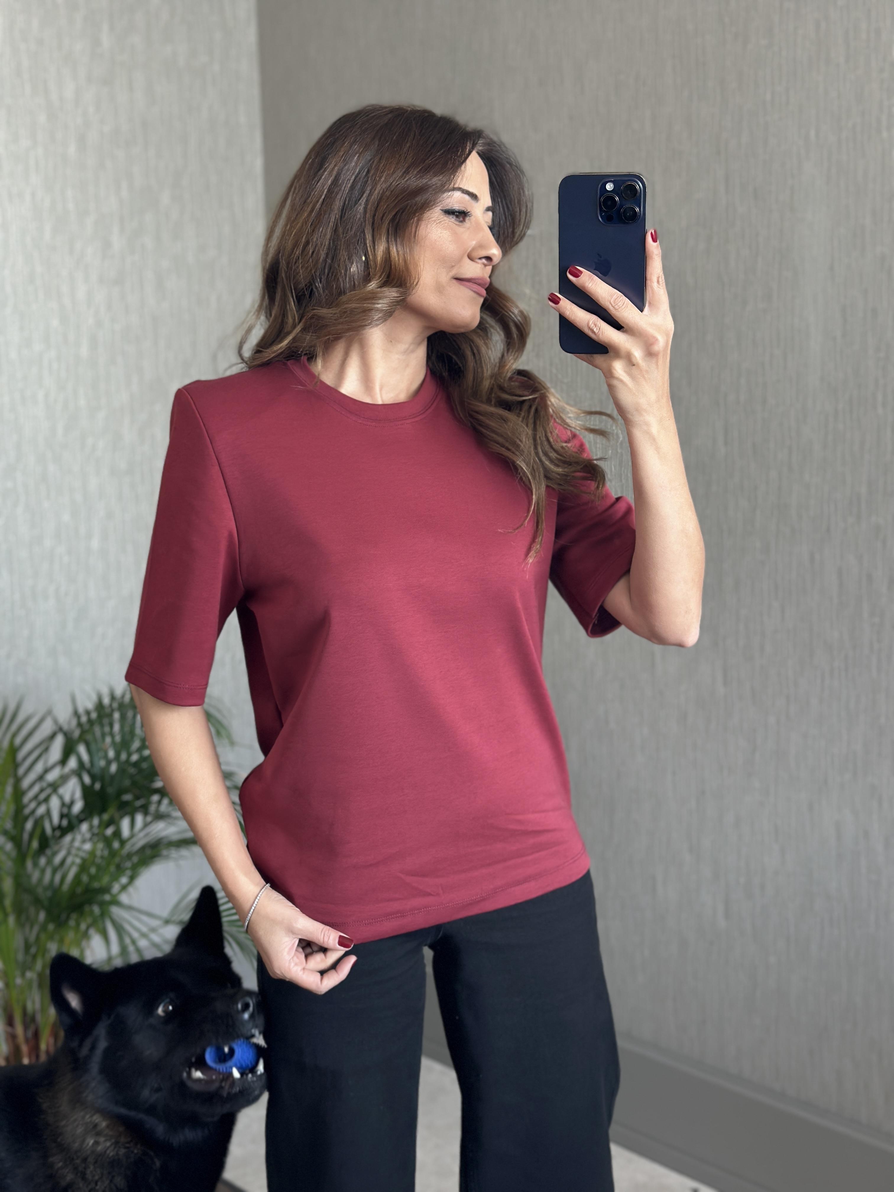 Bordo Vatkalı Kısa Kol Basic Kadın T-Shirt