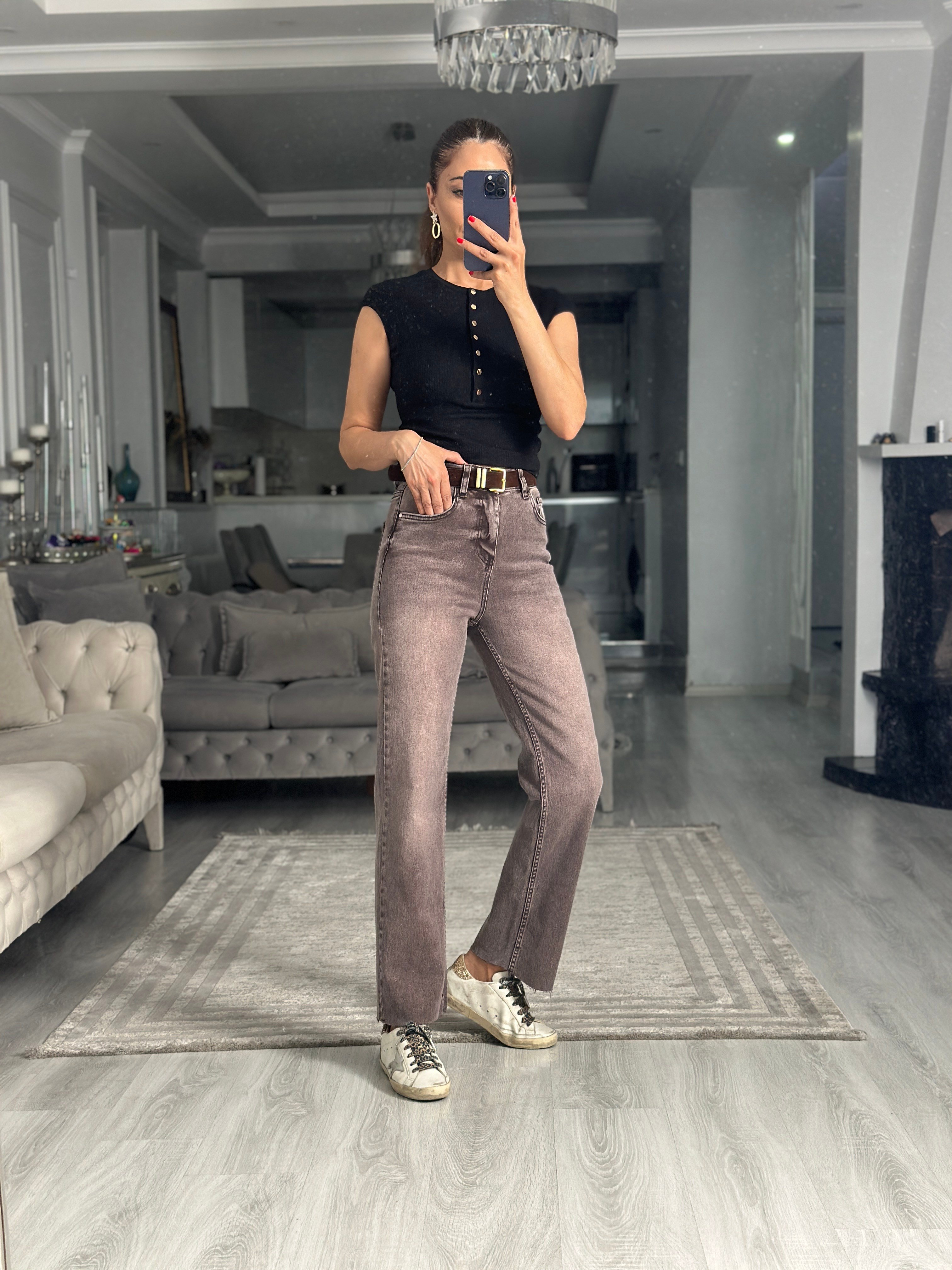 Brown Karol Straight Kesik Paça Kadın Jean Pantolon