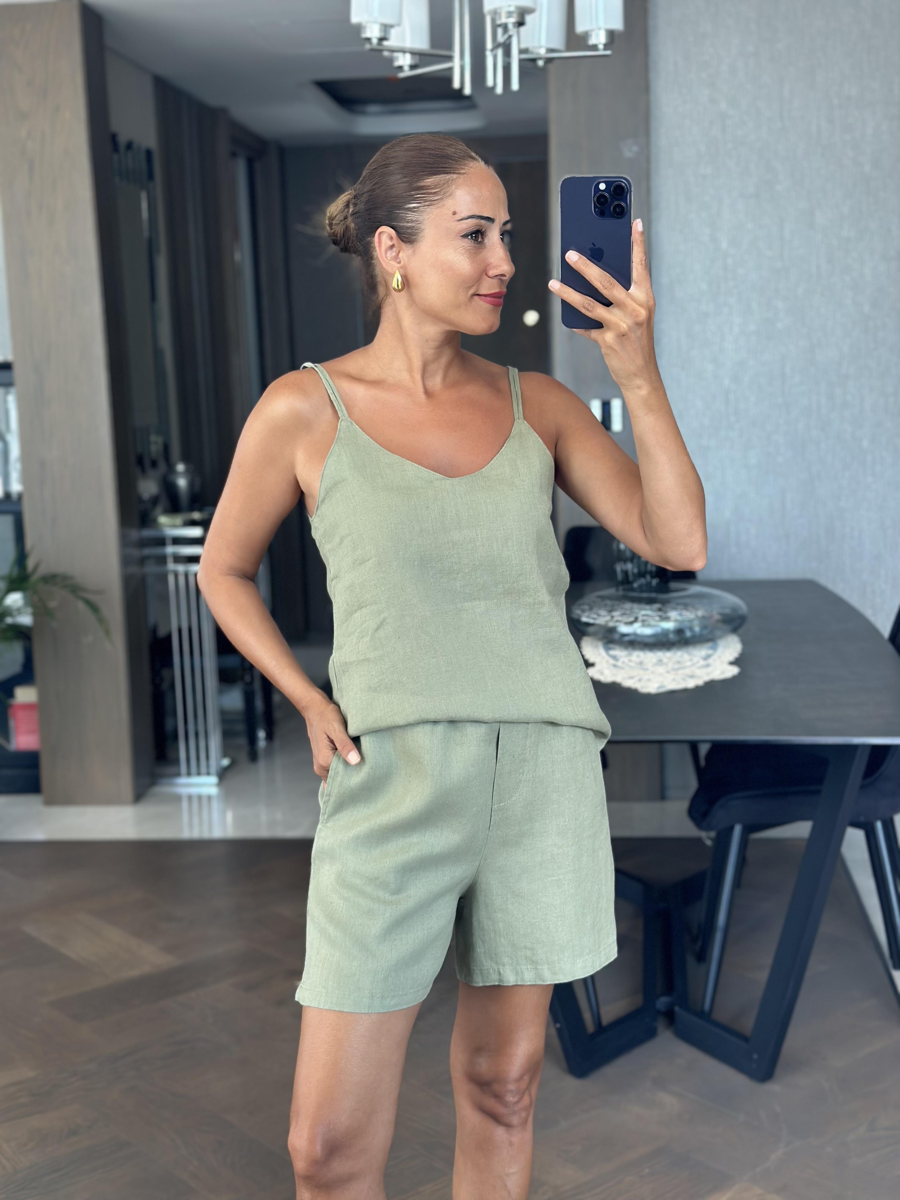 Çağla Keten Çift Askılı Bluz Şort Kadın Alt Üst Takım