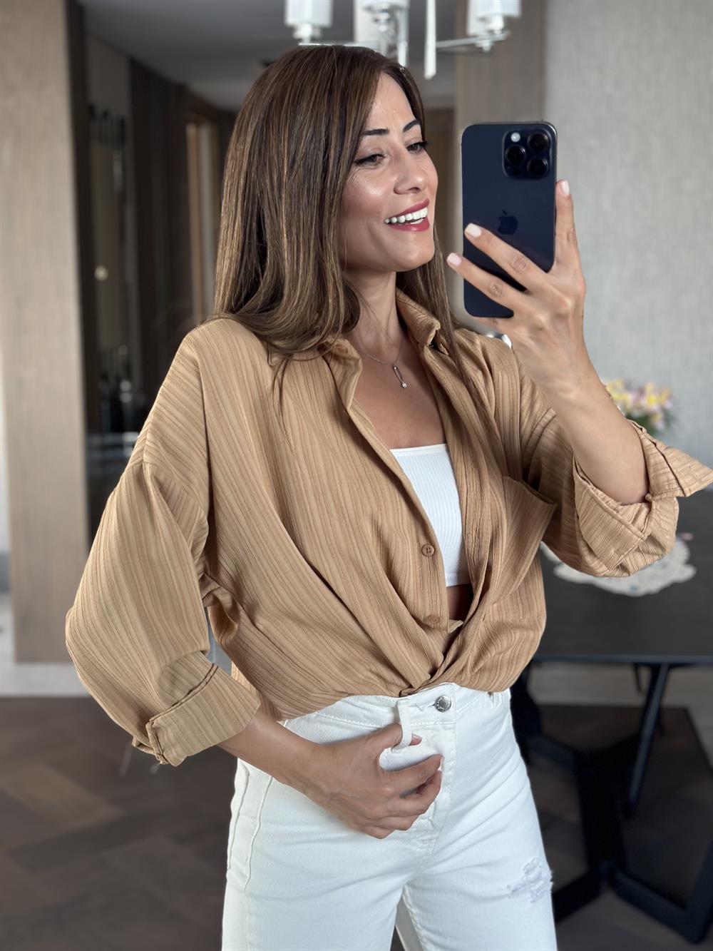 Camel Asimetrik Tek Cepli Dokulu Kadın Gömlek