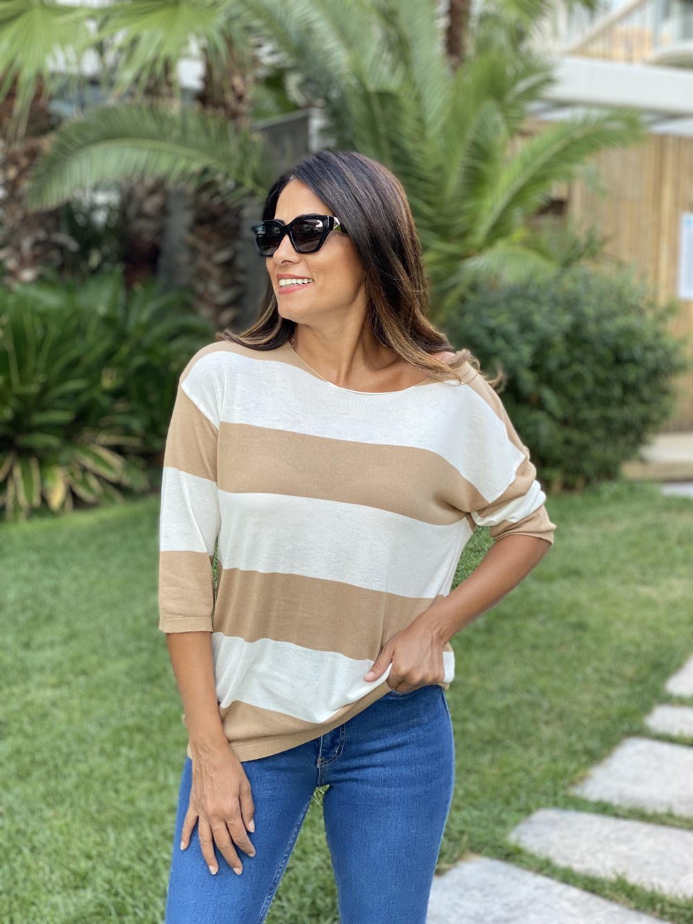 Camel Beyaz Kalın Çizgili Merserize Kadın Bluz