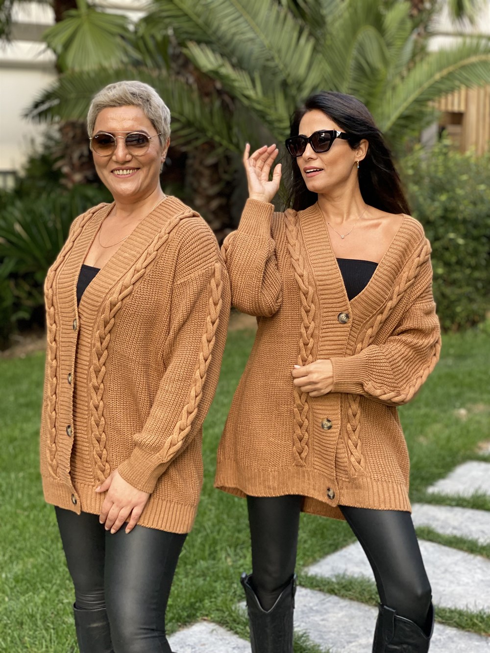 Camel Örgü Detay Düğmeli Triko Kadın Hırka