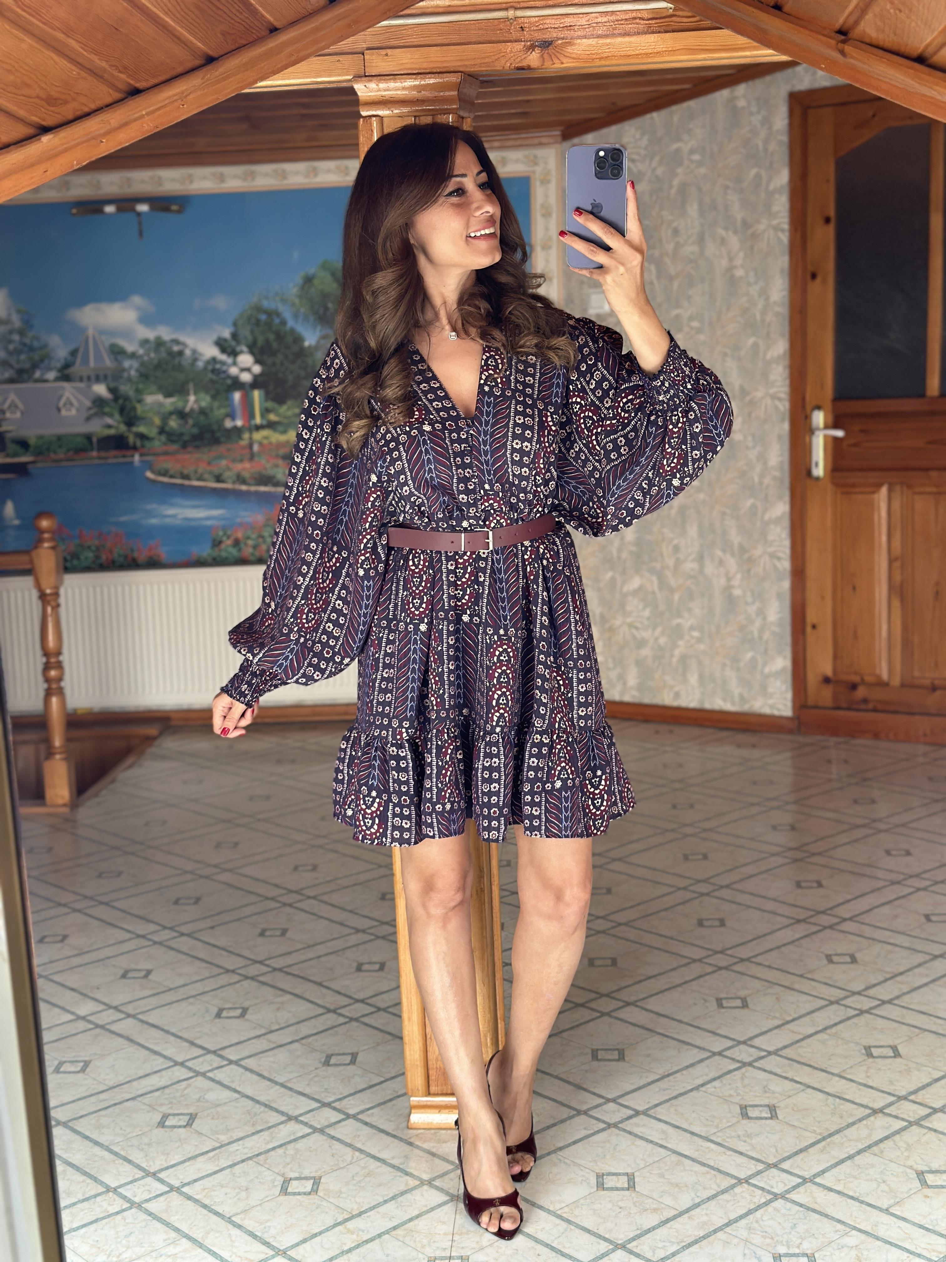 Çok Renkli Brit Düğmeli Kadın Şifon Mini Elbise