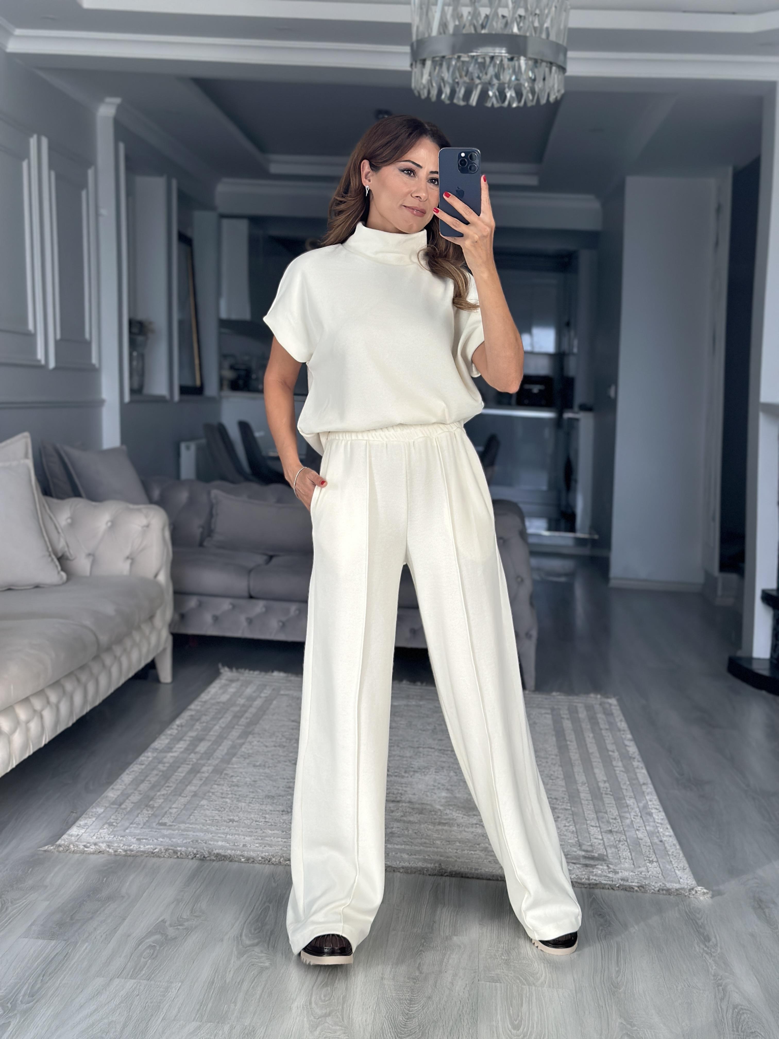 Ekru Dik Yaka Kolsuz Bluz Pantolon Kadın İkili Takım