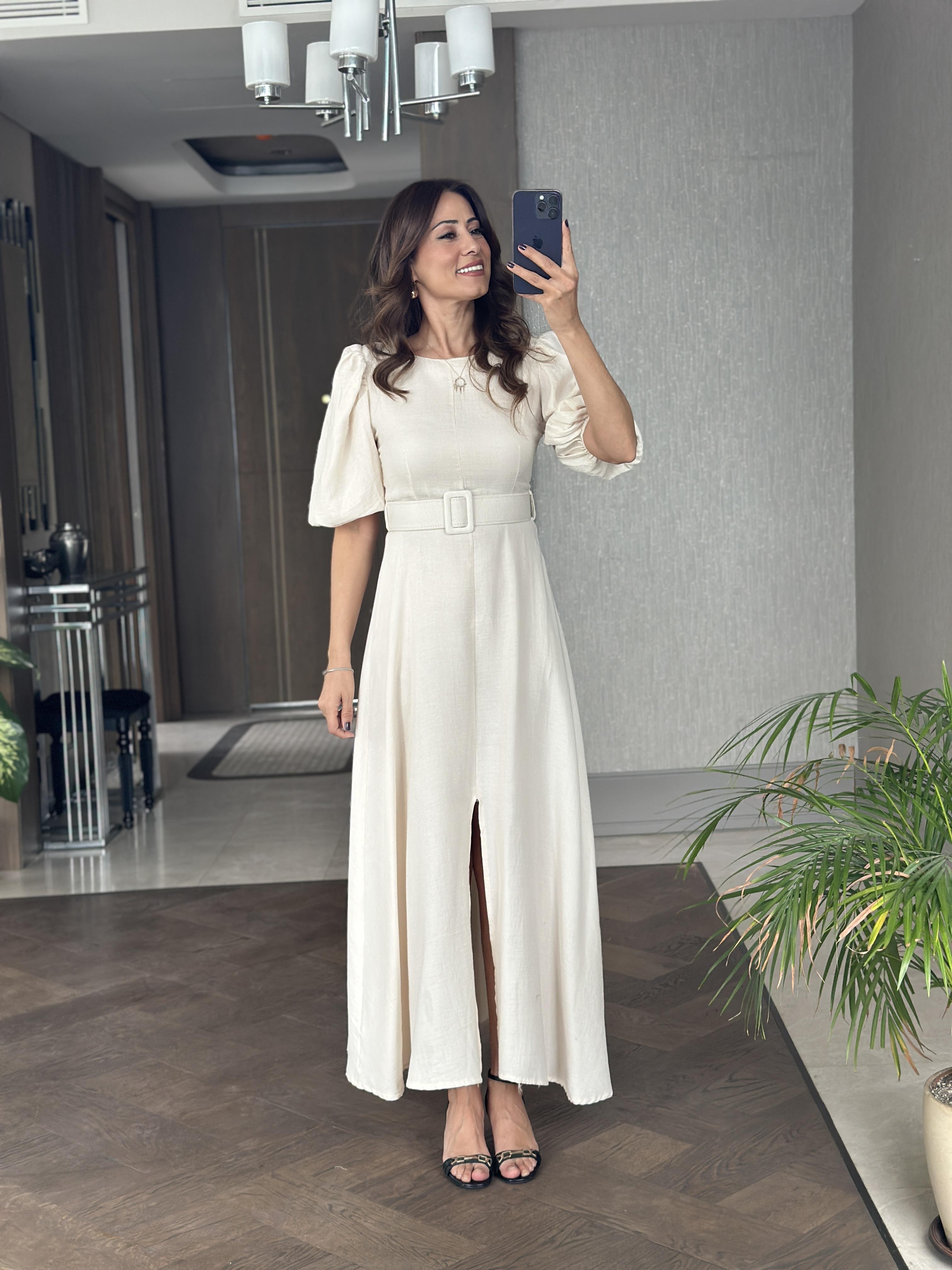 Ekru Prenses Kol Vatkalı Kemerli Müslin Kumaş Kadın Midi Boy Elbise