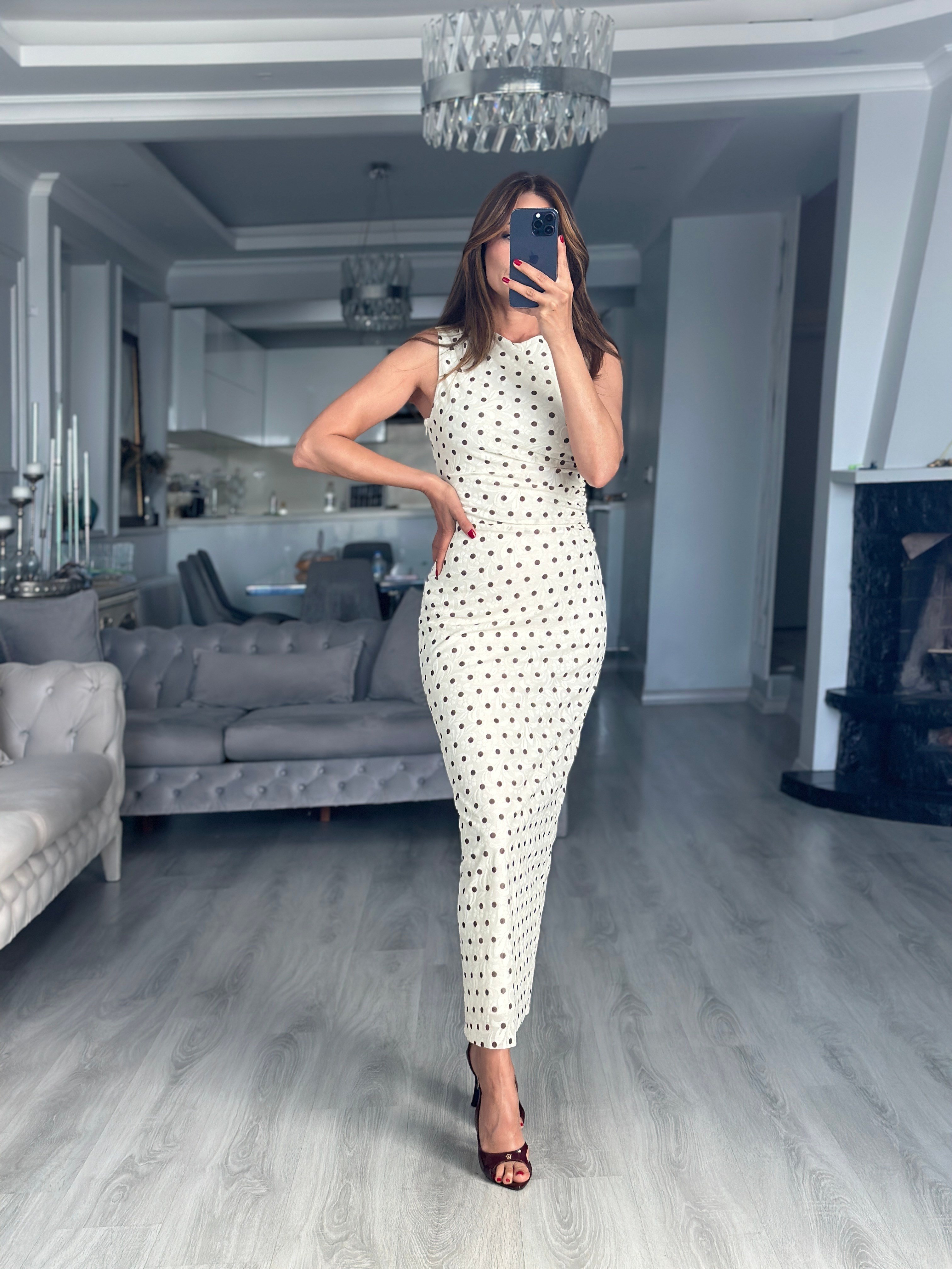 Ekru Puantiyeli Beli Drapeli Maxi Boy Kadın Elbise