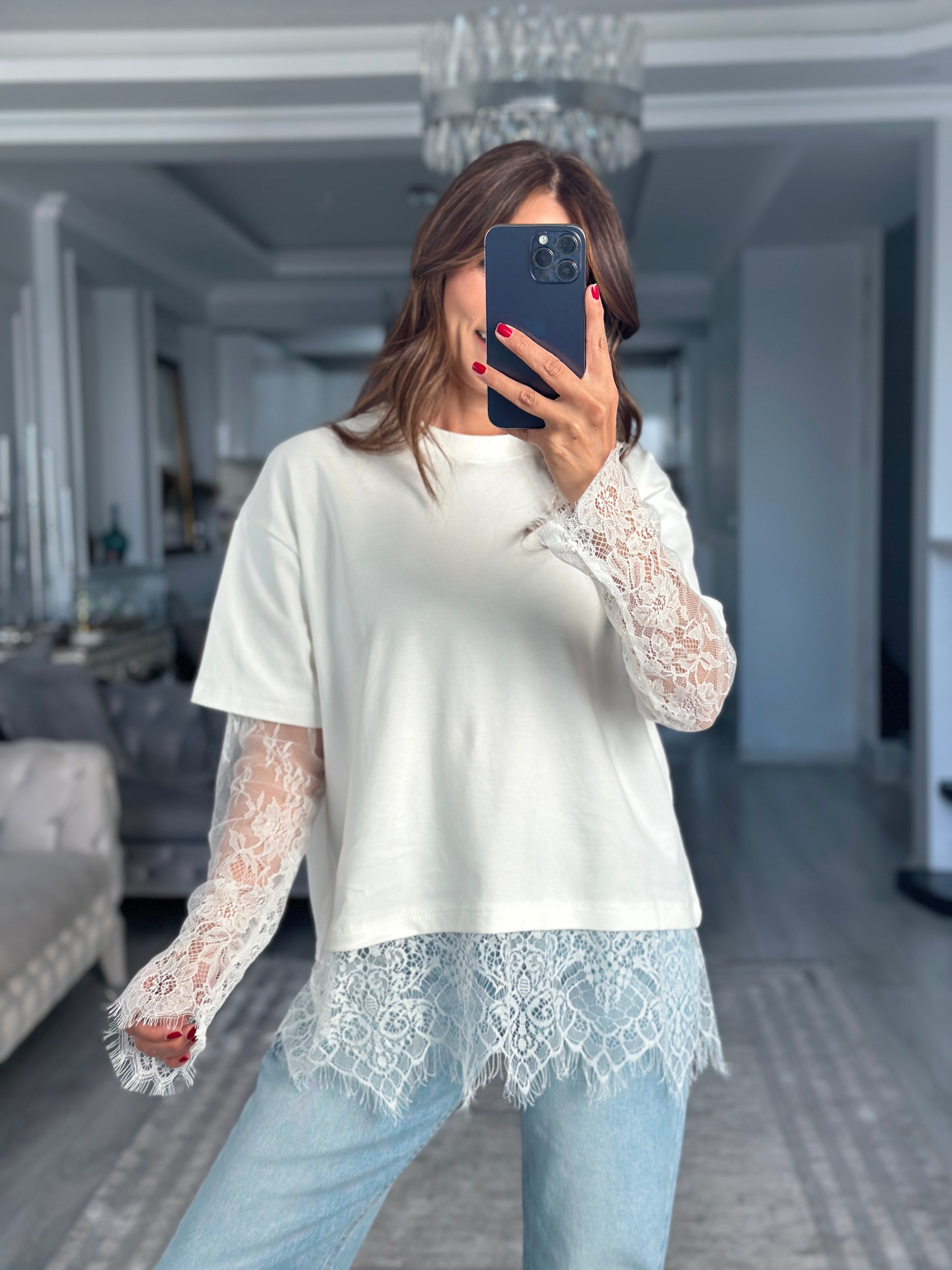 Ekru Romantik Dantel Detaylı Uzun Kollu Kadın T-Shirt