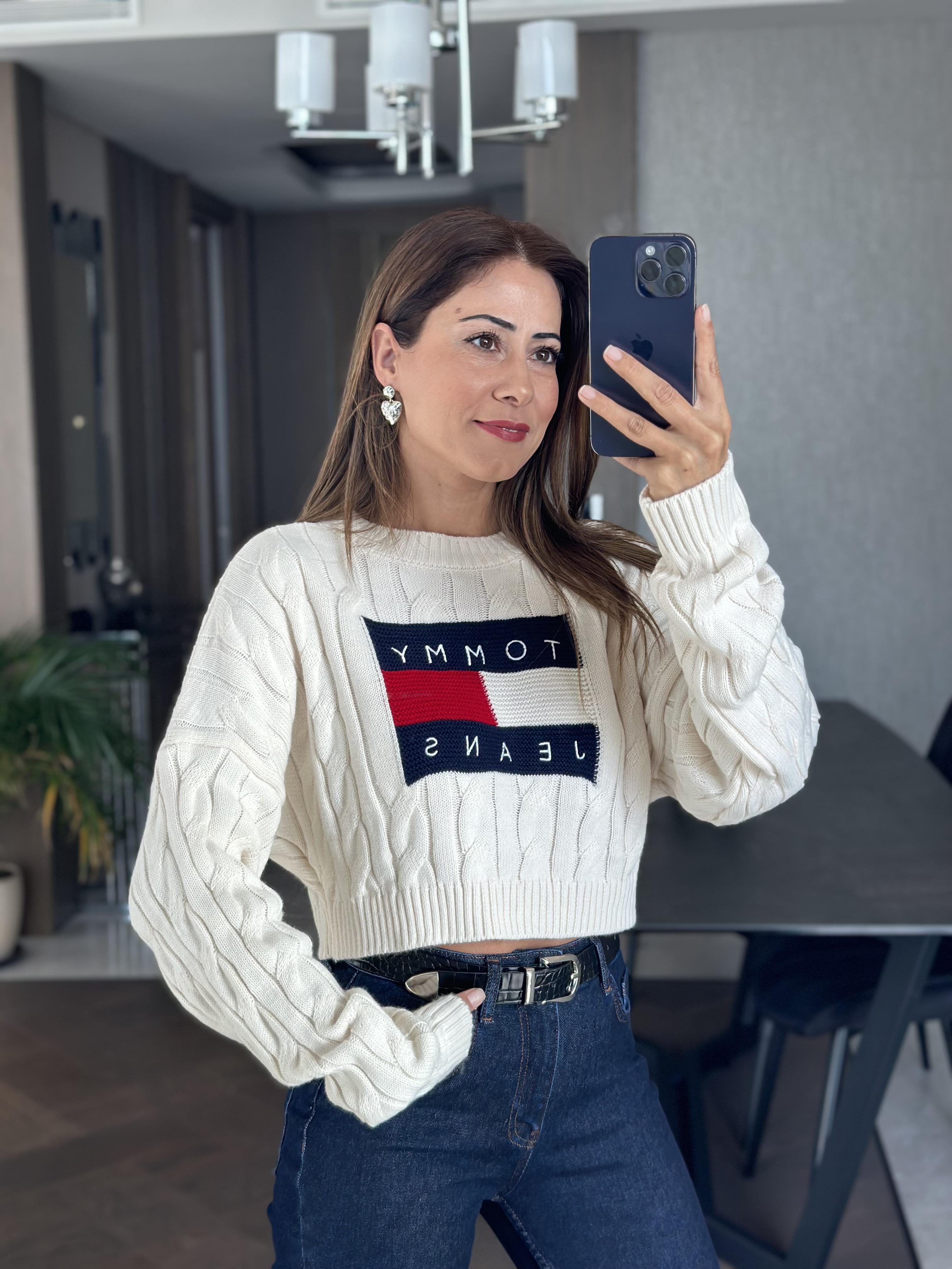 Ekru Saç Örgülü Marka Model Triko Kadın Crop Kazak