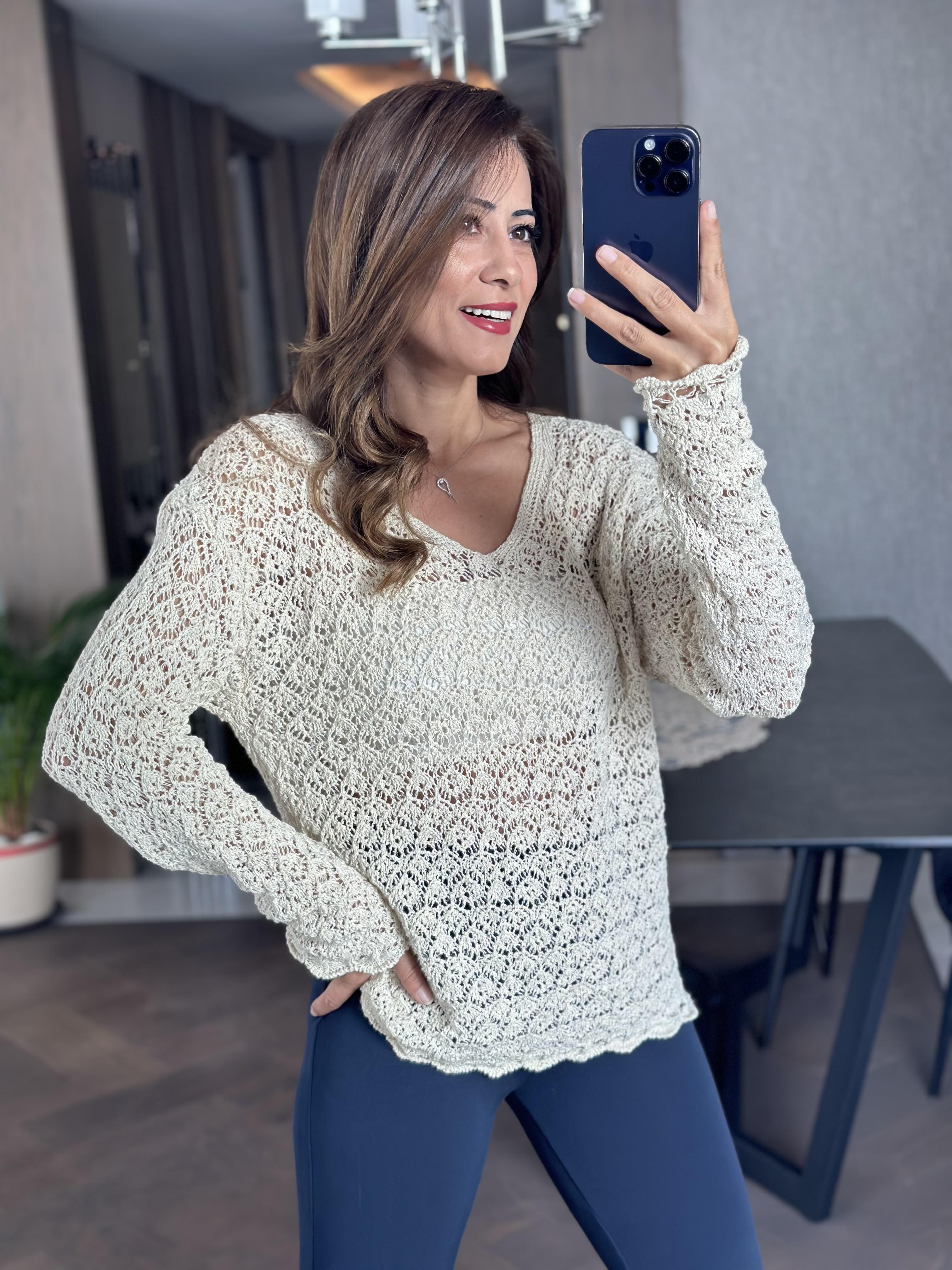 Ekru V Yaka Ajurlu Simli Kadın Triko Kazak