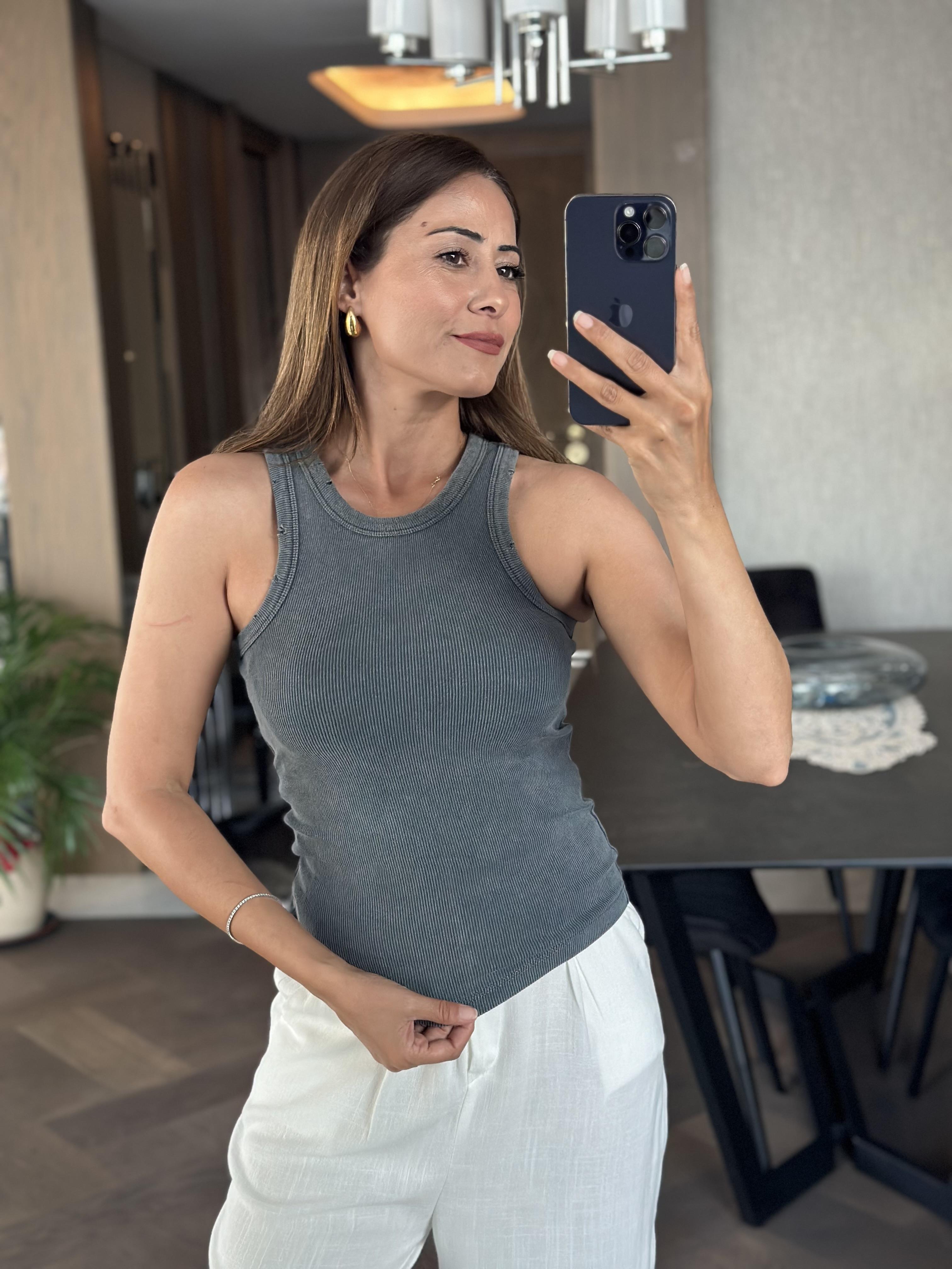 Füme Arkası Dikiş Detay Yıkamalı Halter Yaka Kadın Kaşkorse Body