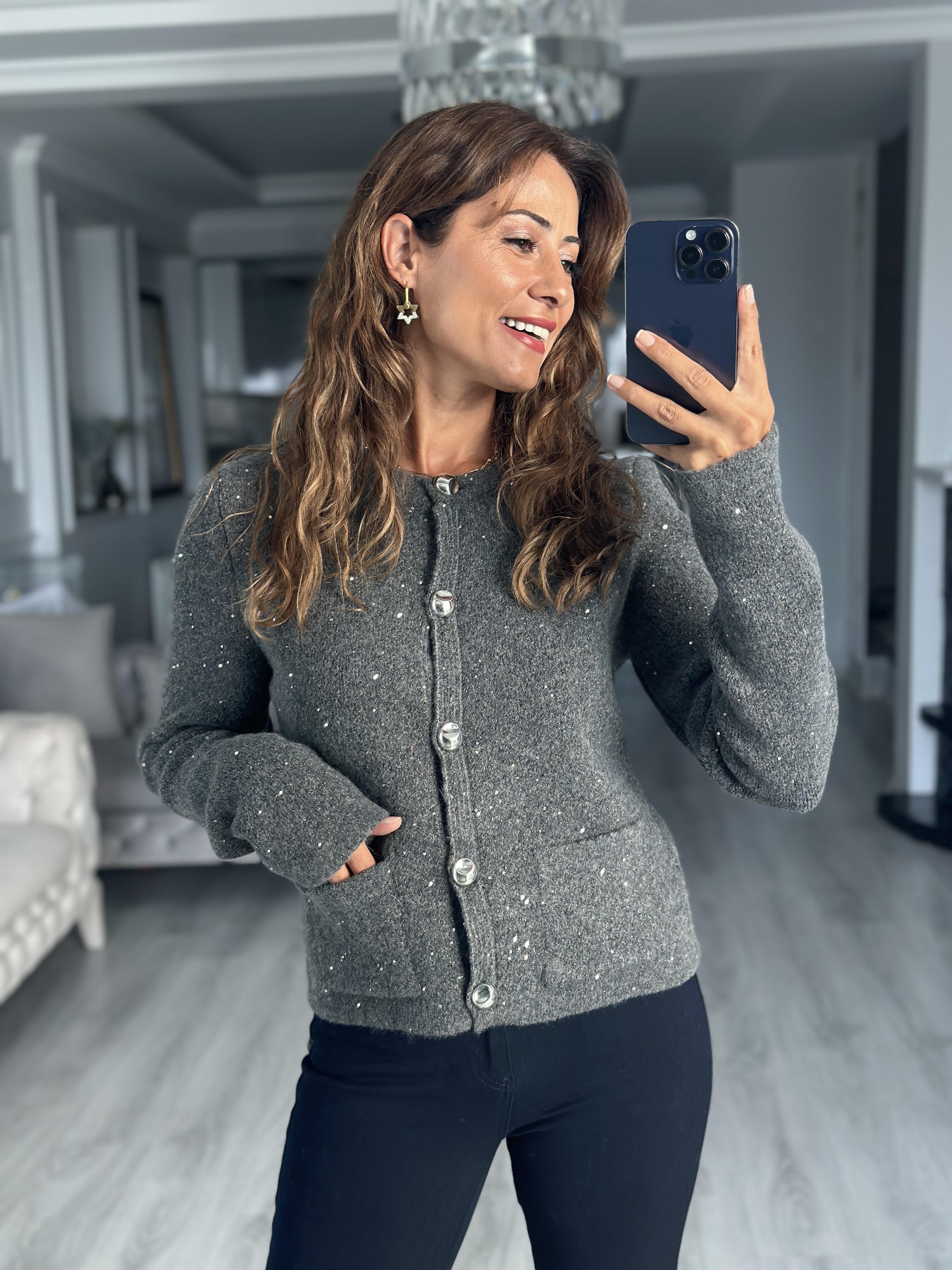 Füme Bisiklet Yaka Düğmeli Pullu Kadın Triko Hırka