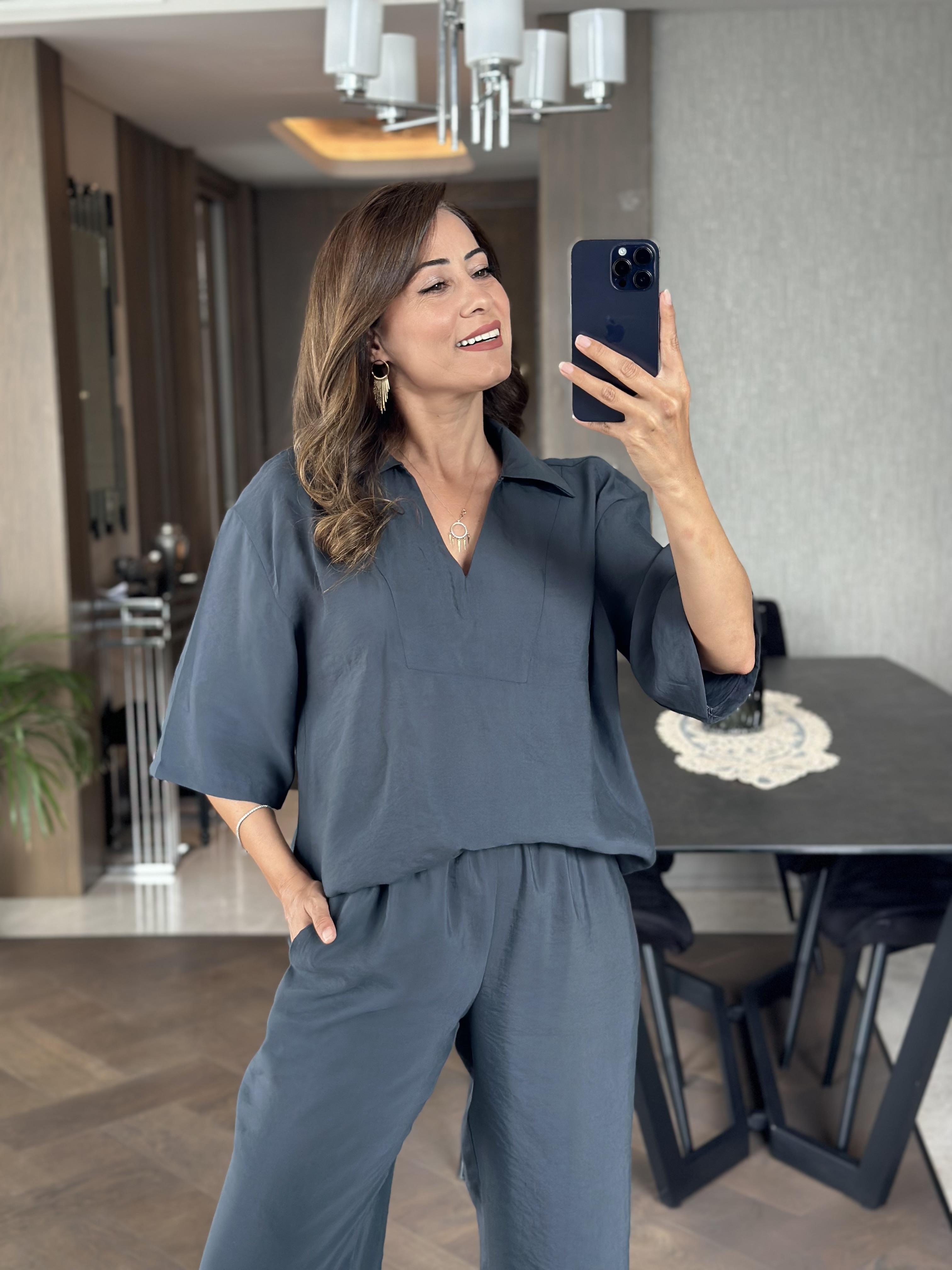 Füme Oversize Kısa Kol Gömlek Yaka Tnsel İkili Kadın İkili Takım