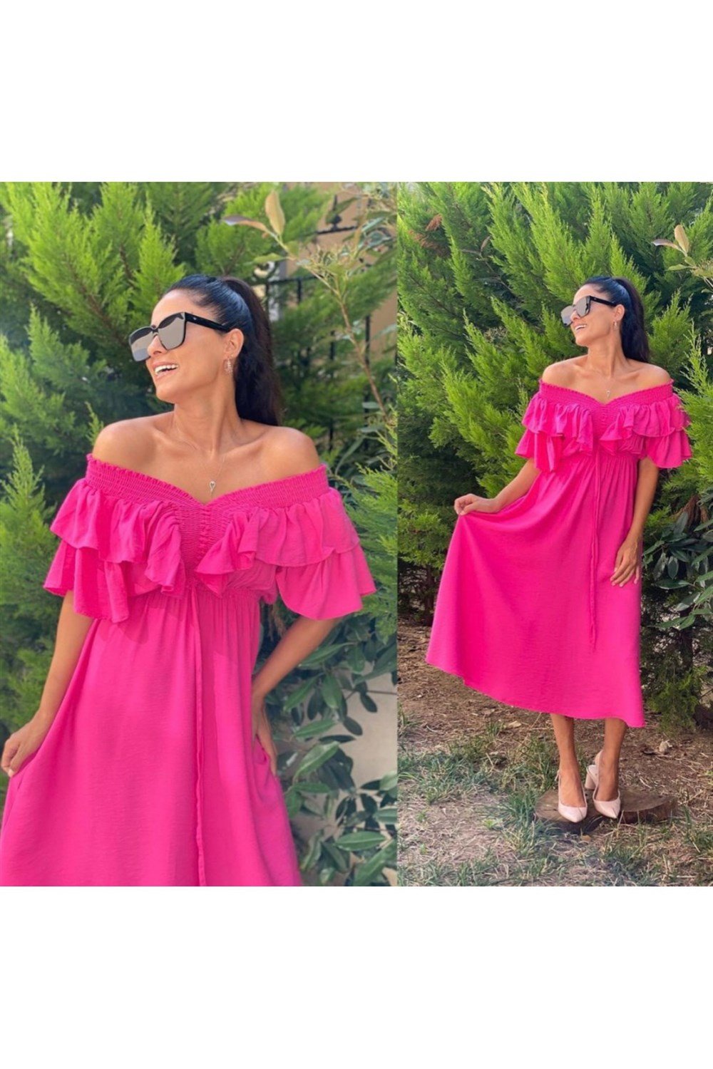 Fuşya Carmen Yaka Elbise