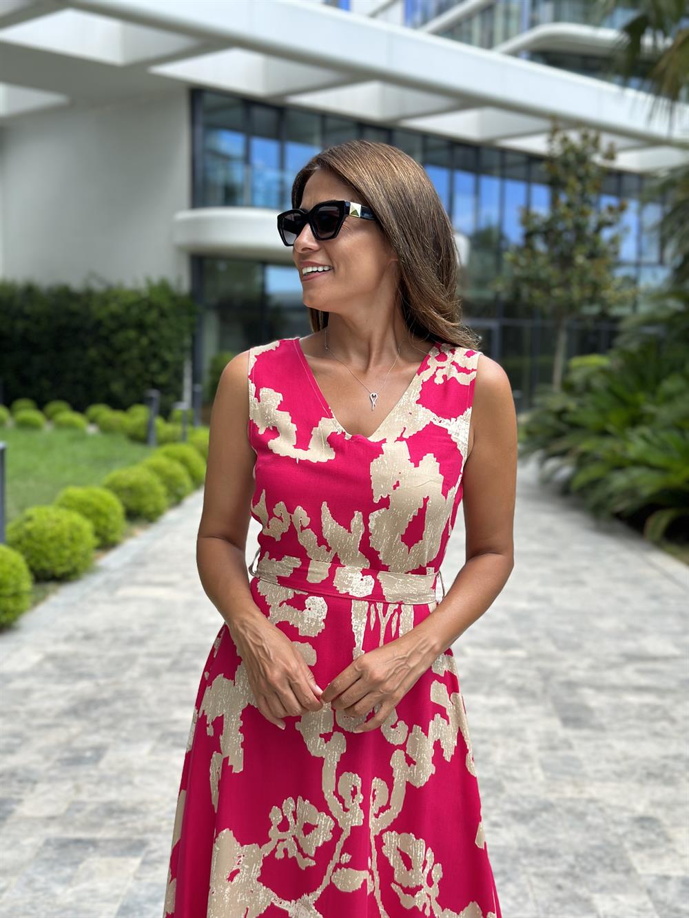 Fuşya Desenli Ön Arka V Yaka Kolsuz Viskon Kadın Elbise