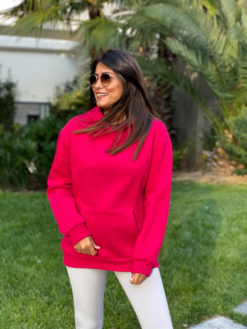 Fuşya Kapüşonlu Üç İplik Kanguru Cep Kadın Sweatshirt