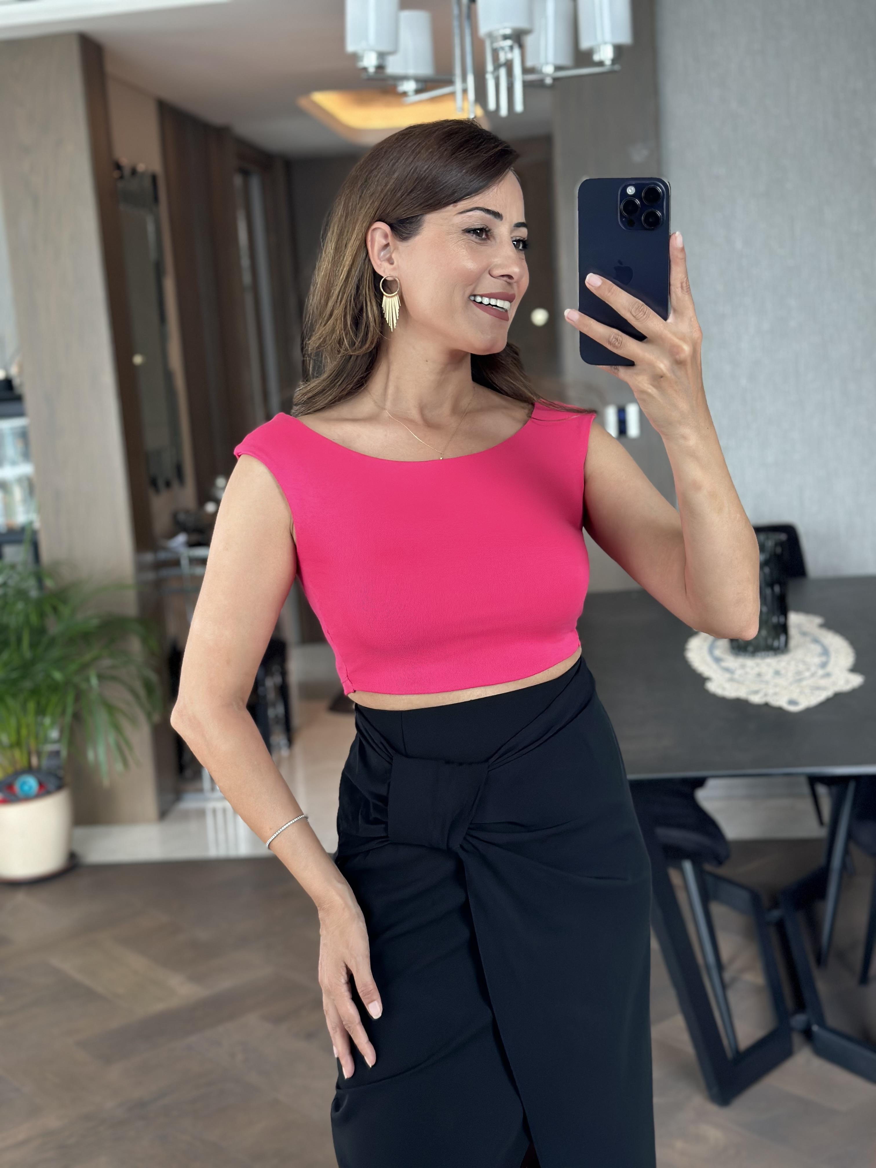 Fuşya Önü Çift Katlı Kayık Yaka Sıfır Kol Kadın Crop Body