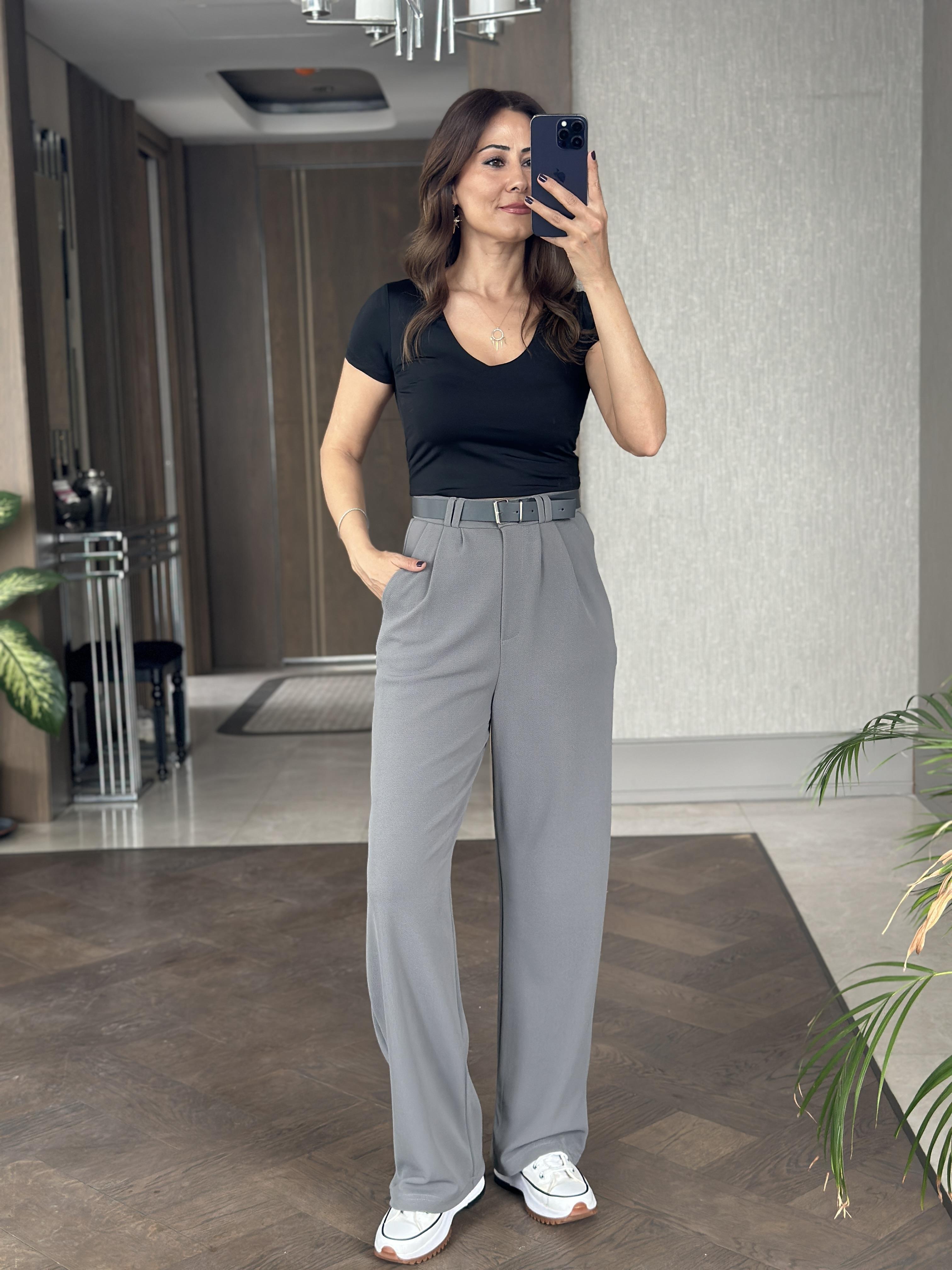 Gri Çift Pileli Kemerli Likralı Krep Kadın Pantolon