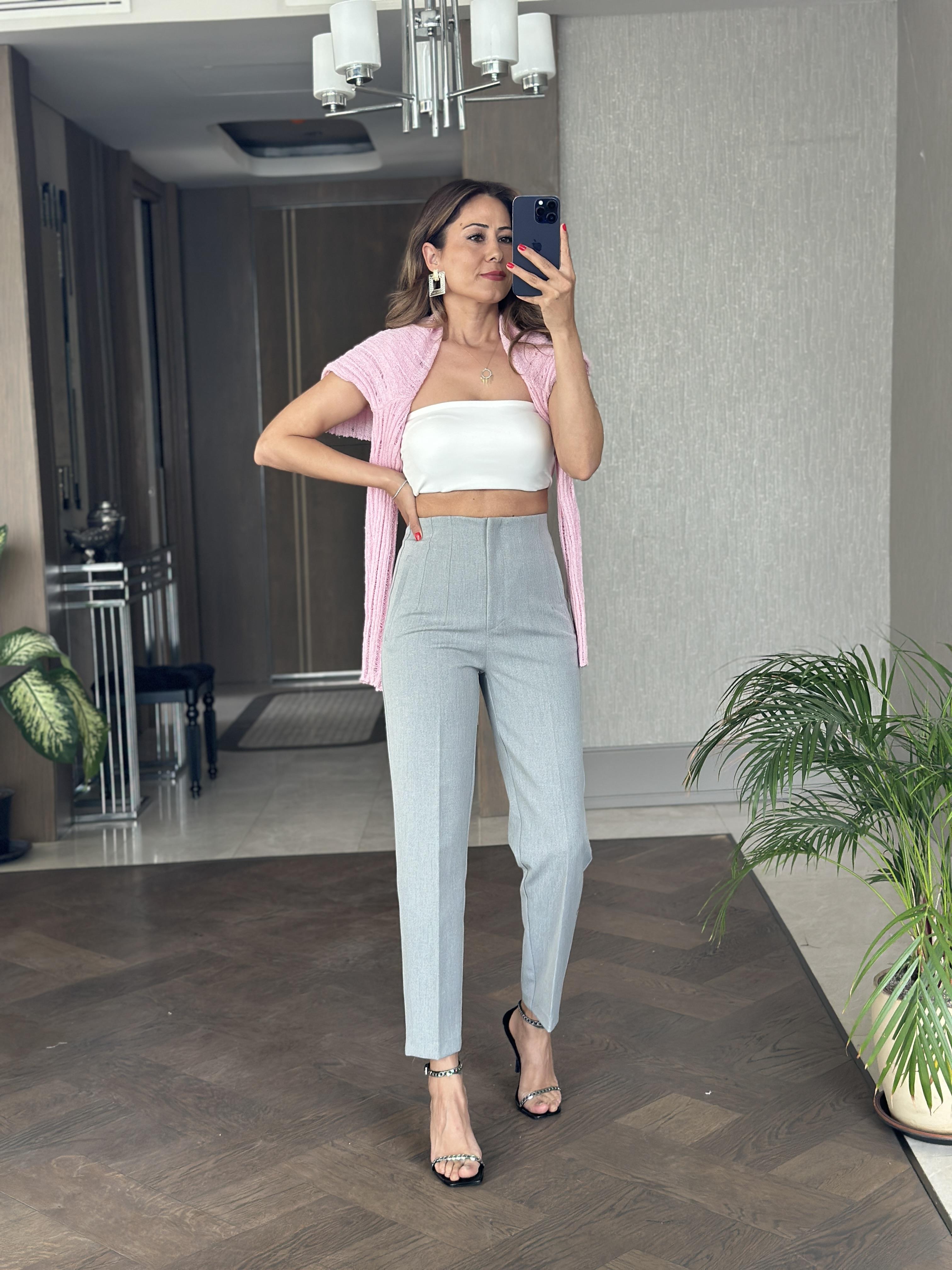 Gri Karol Yüksek Bel Önü Flatolu Kadın Kumaş Pantolon