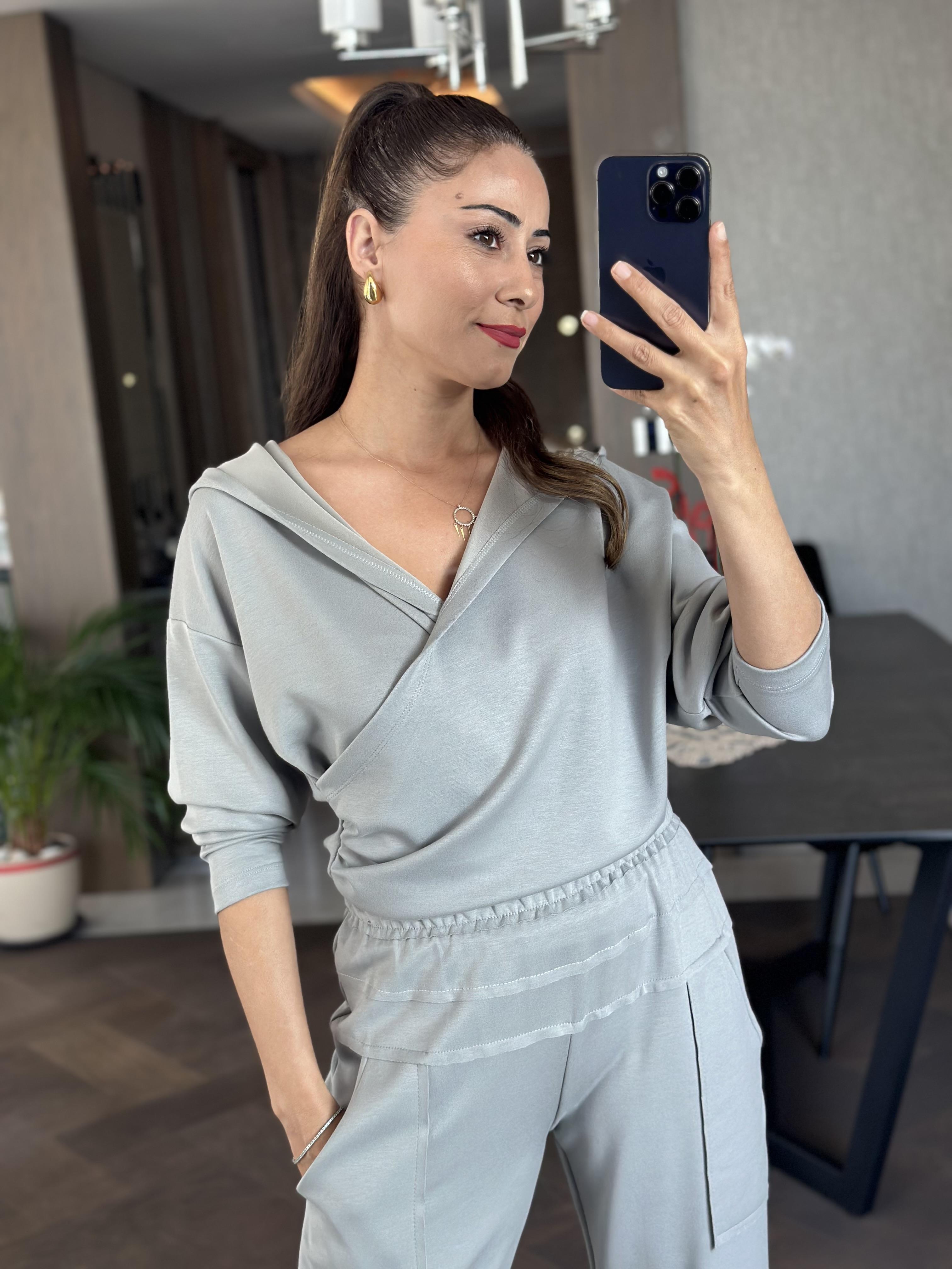 Gri Modal Sweat Paçası Yırtmaç Detay Pantolon Kadın İkili Takım