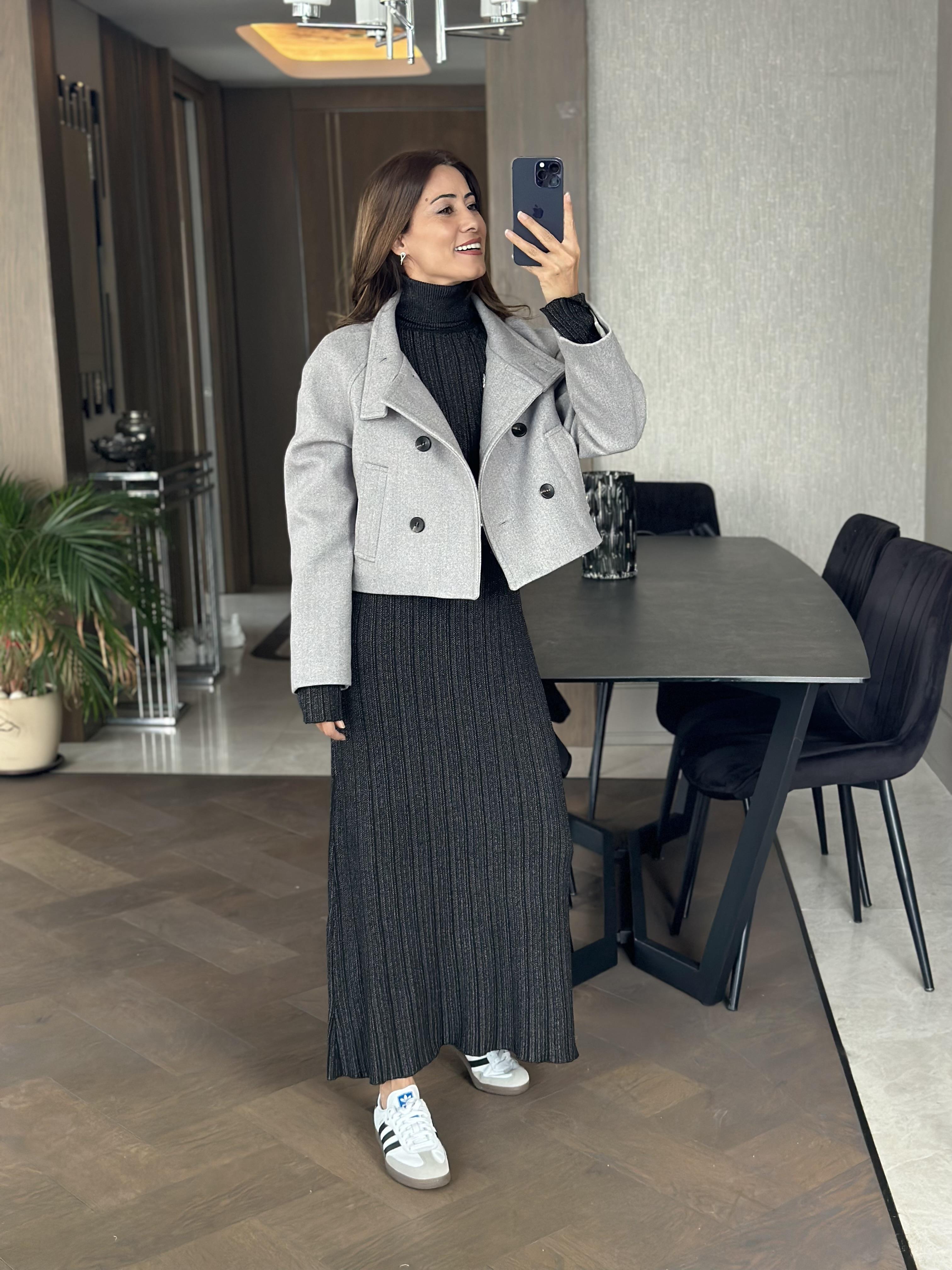 Gri Önü Düğmeli Kaşe Kadın Bomber Ceket