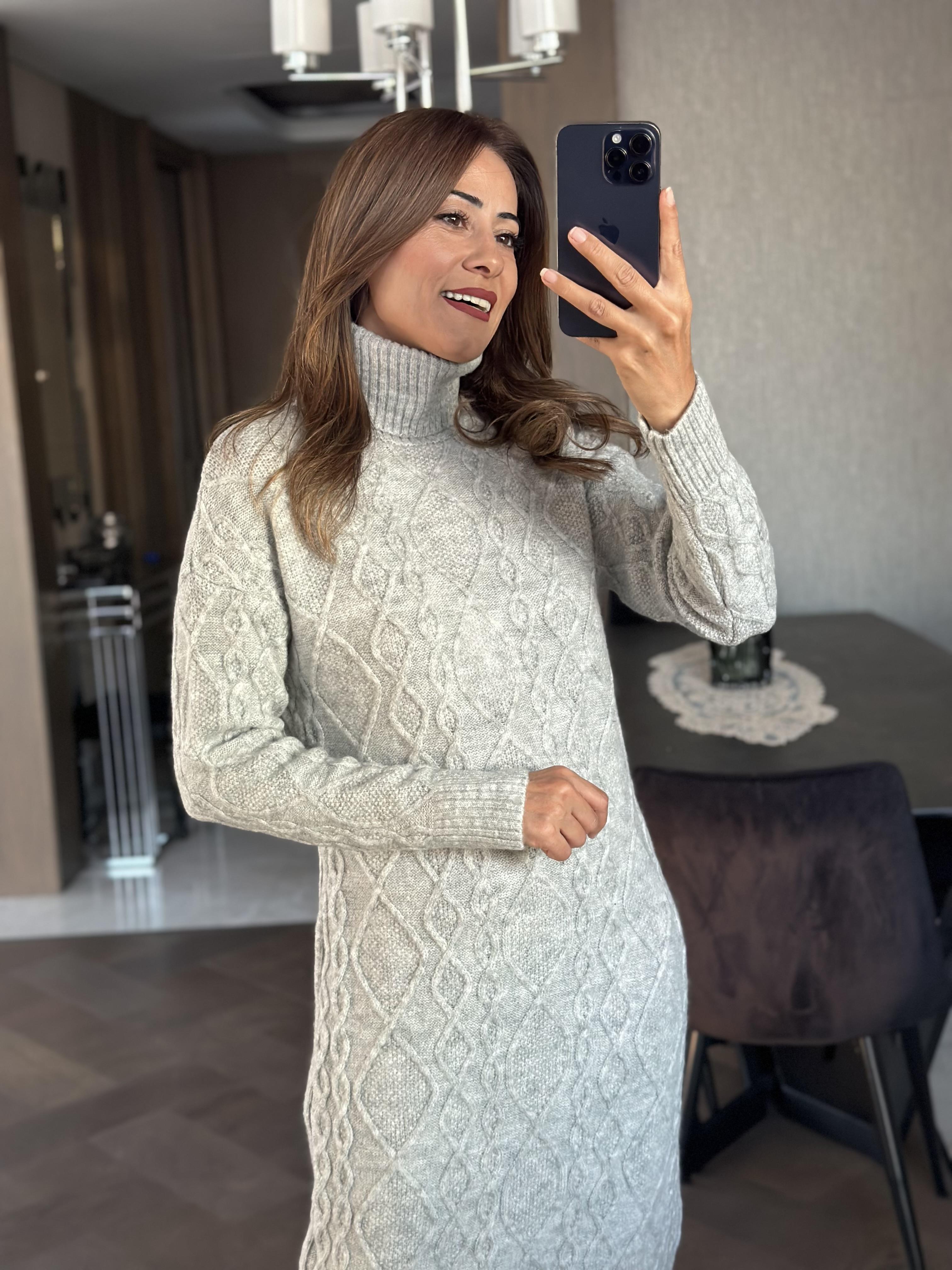 Gri Saç Örgü Balıkçı Yaka Kadın Triko Elbise