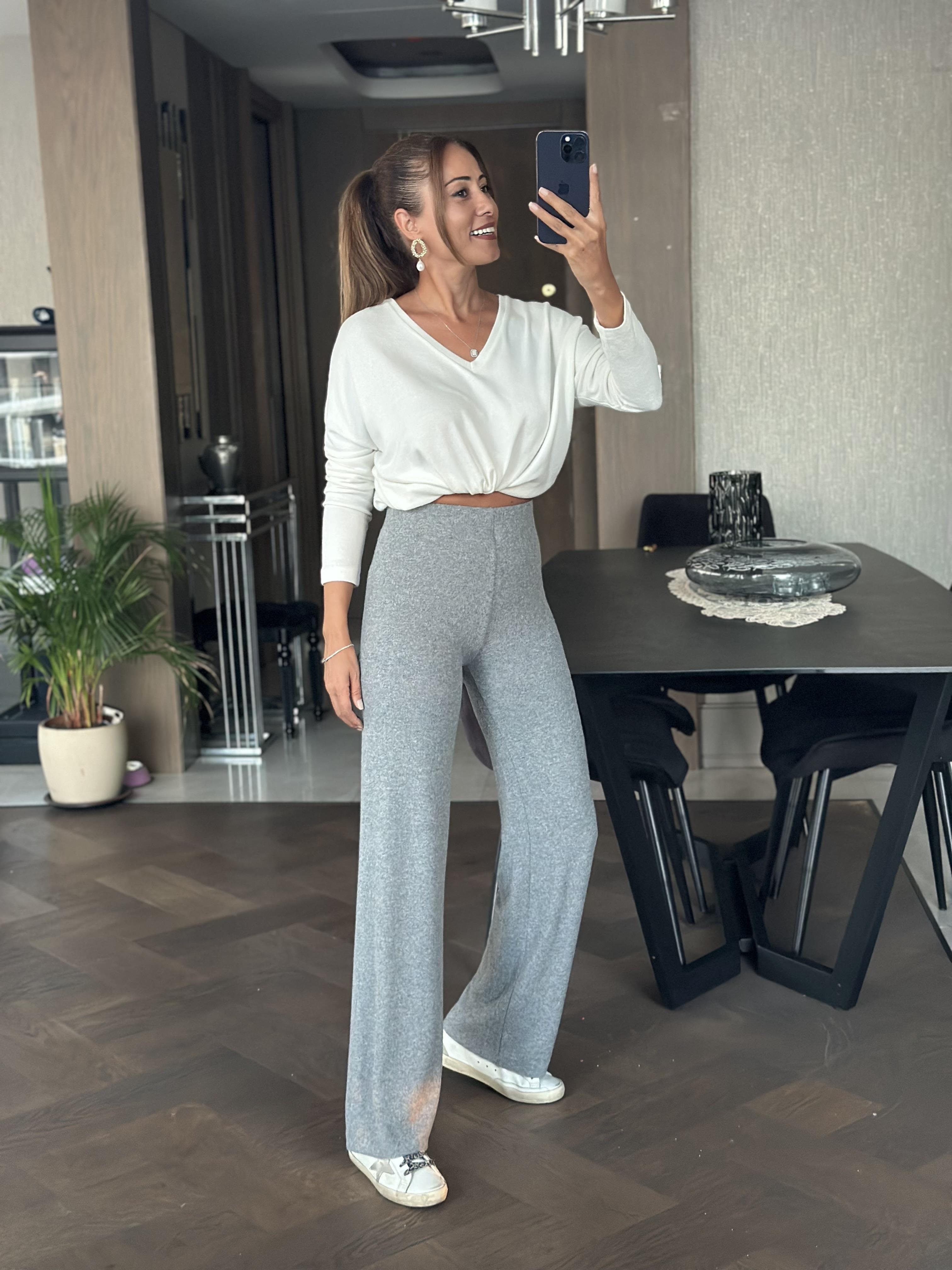 Gri Yumoş Beli Lastikli Bol Paça Kadın Pantolon