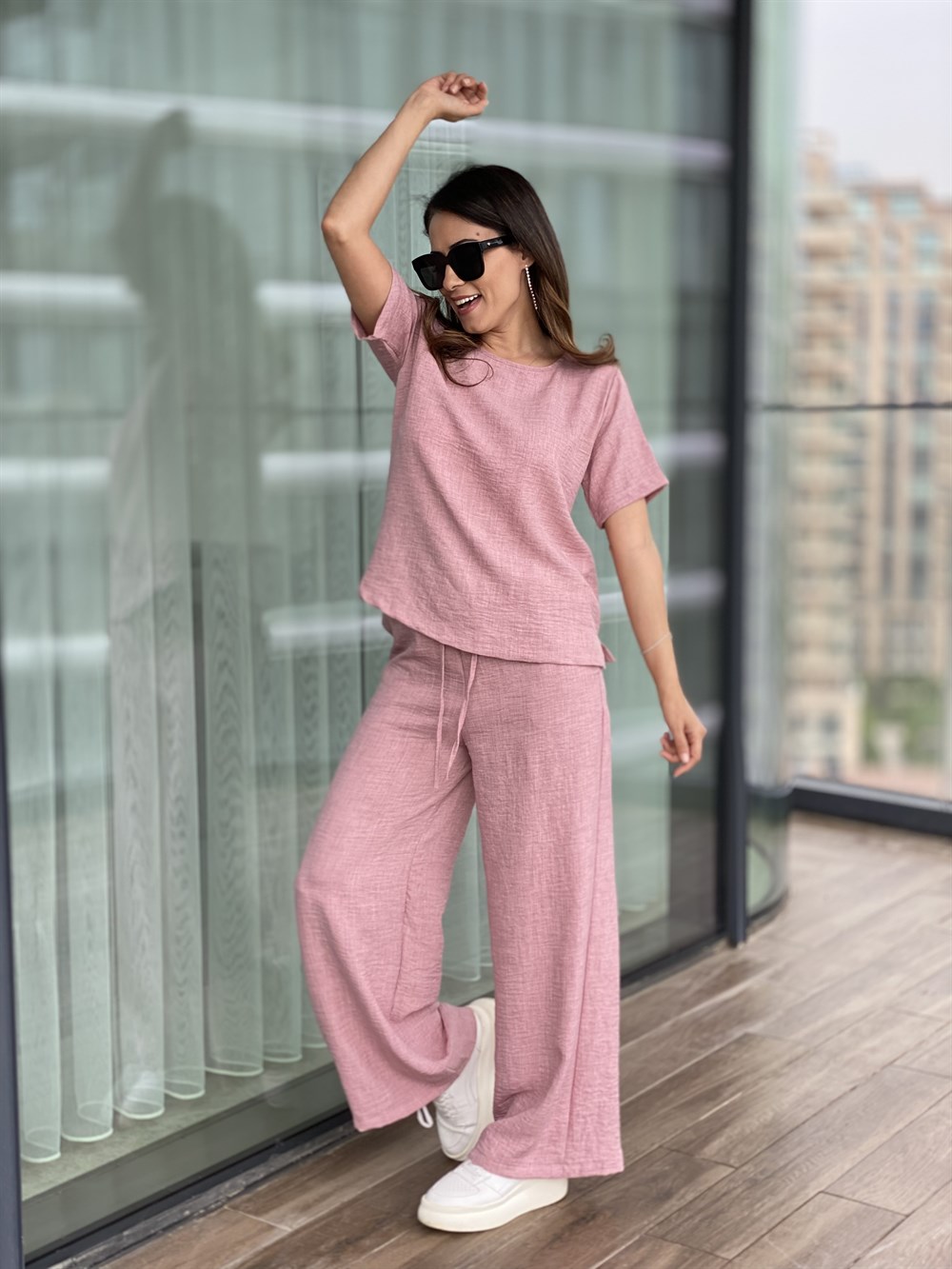 Gül Kurusu Bisiklet Yaka Lastikli Rahat Takım