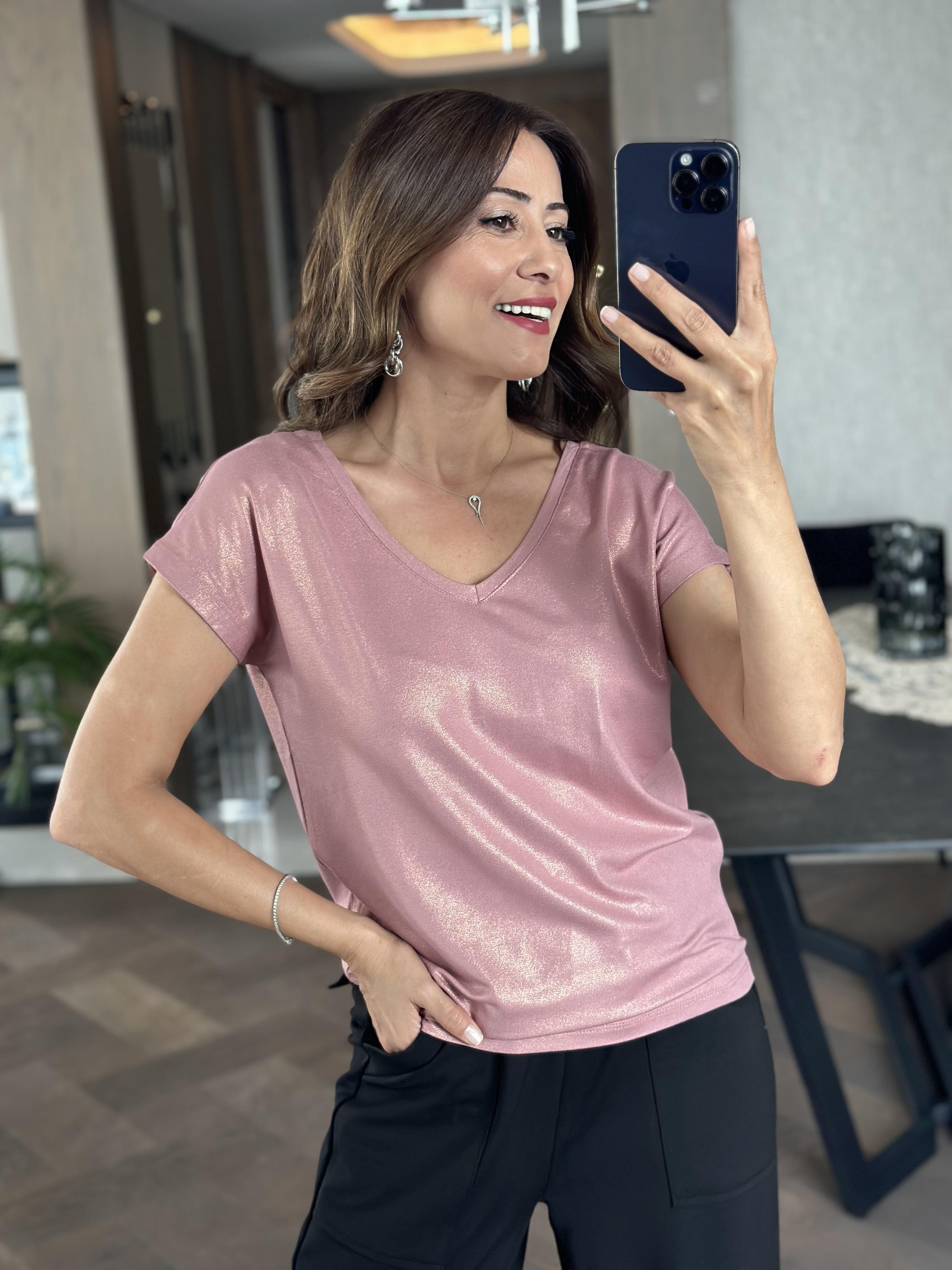 Gül Kurusu Ön Arka V Yaka Kısa Yarasa Kol Kadın T-Shirt