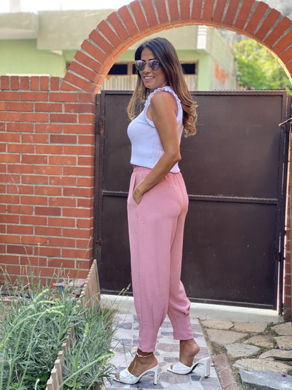Gül Kurusu Pensli Beli Lastikli Aerobin Kadın Pantolon