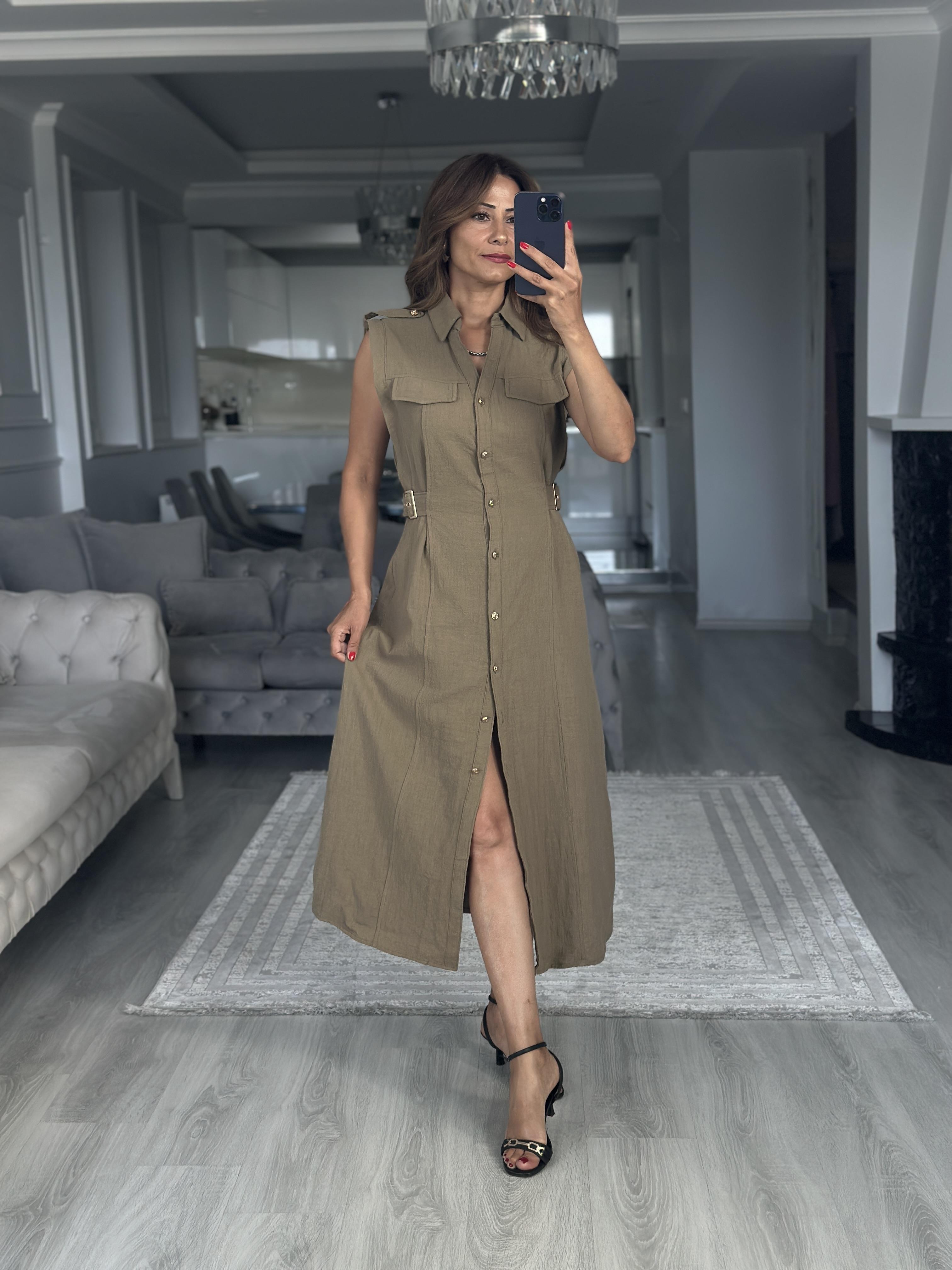 Haki Apoletli Sıfır Kol Midi Boy Kadın Gömlek Elbise