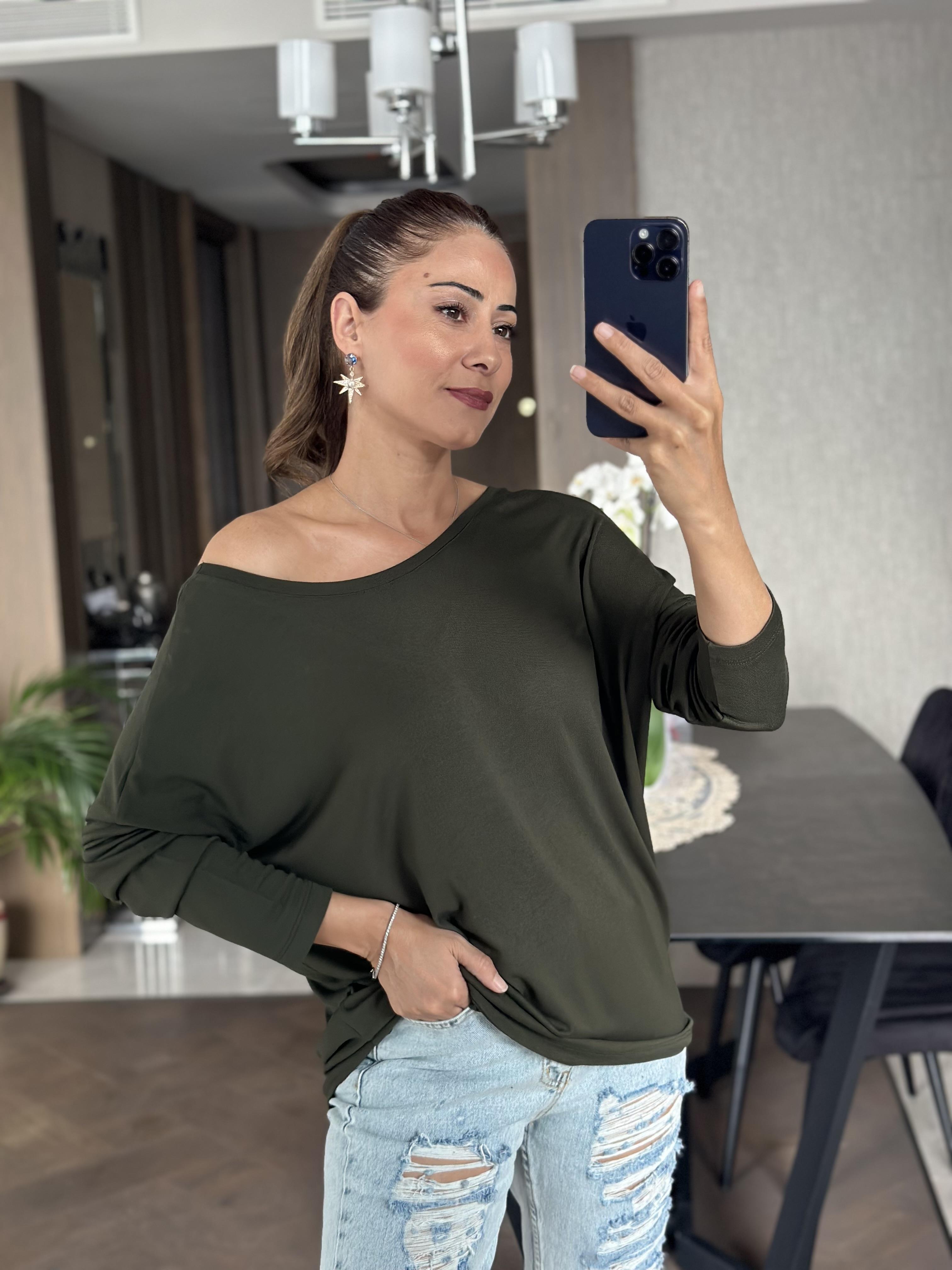 Haki Arkası V Önü Bisiklet Yaka Uzun Kol Kadın Bluz