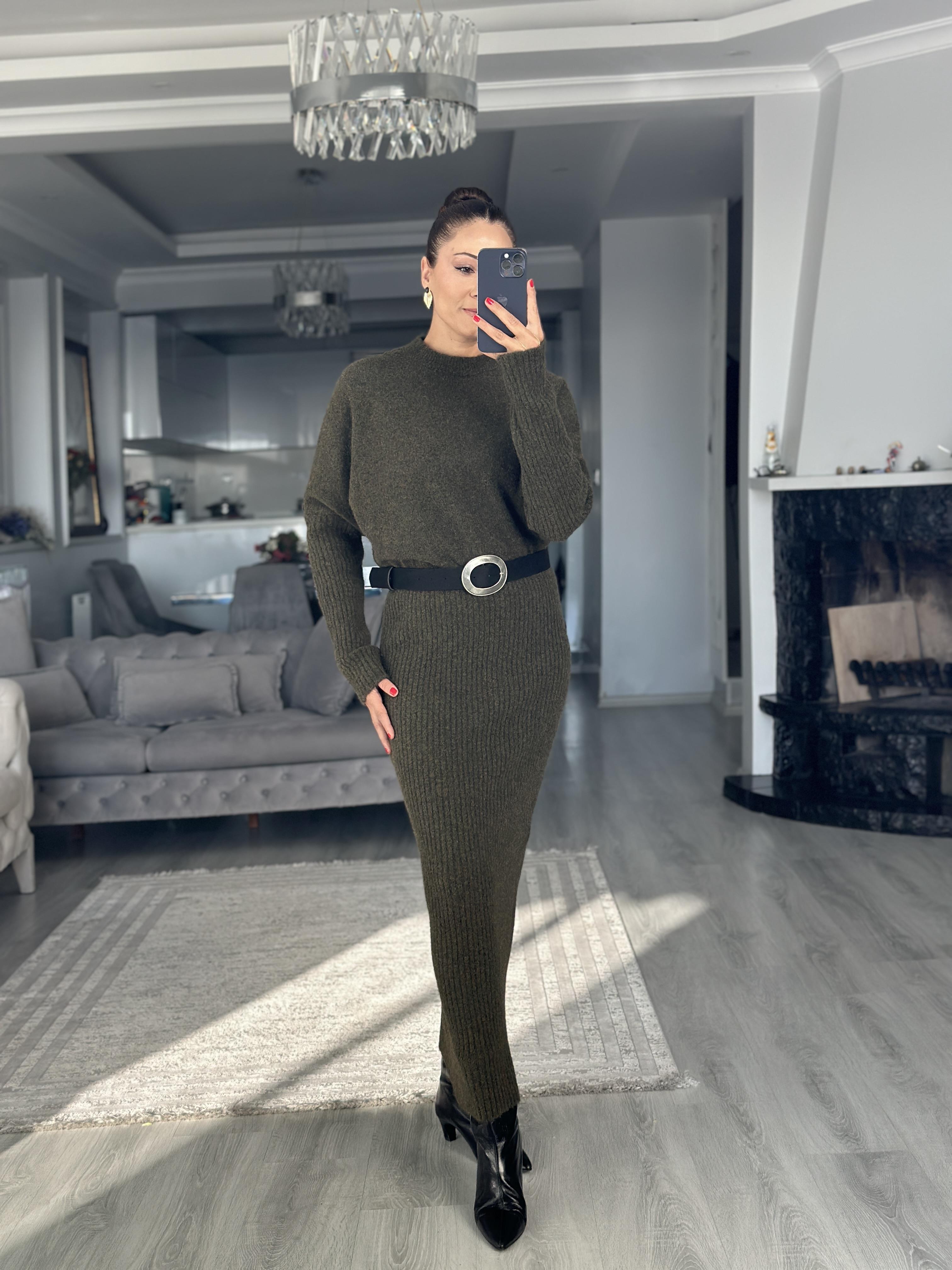 Haki Bisiklet Yaka Uzun Kol  Midi Boy Kadın Triko Elbise