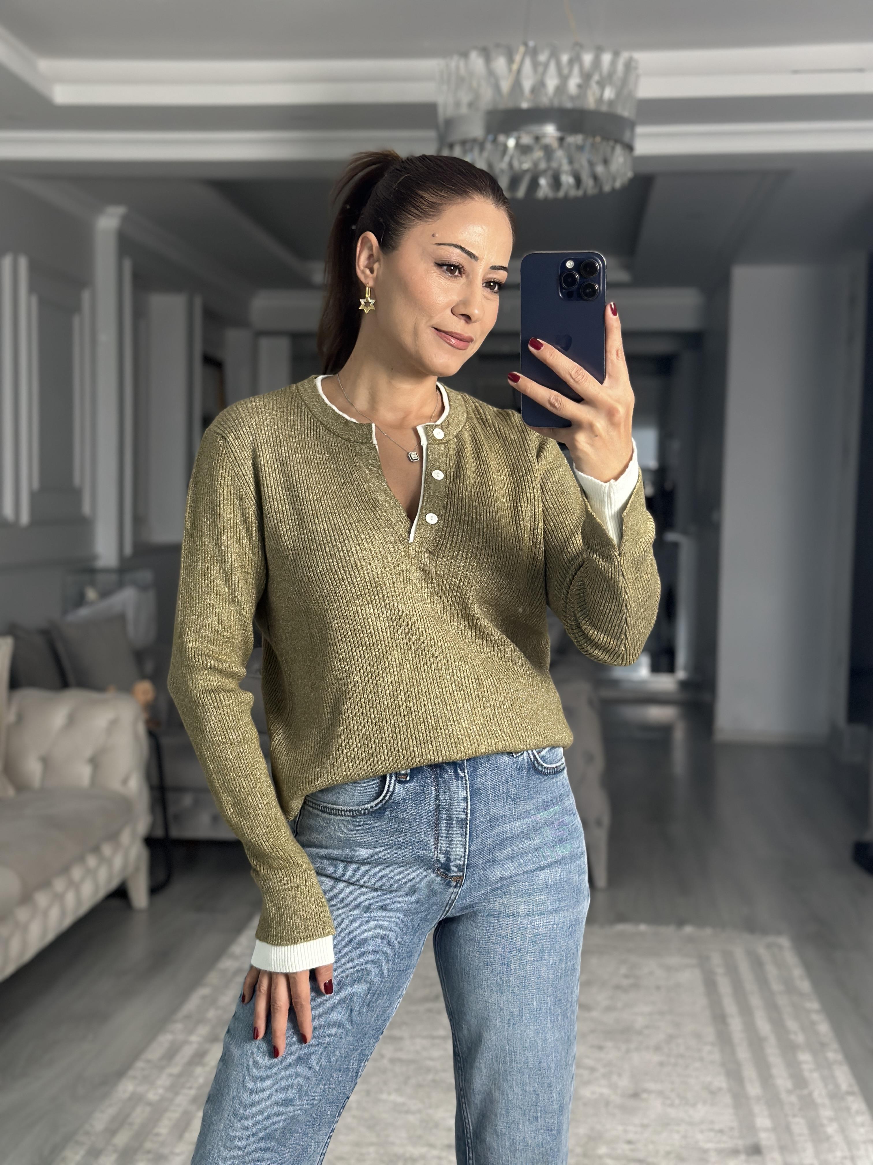 Haki Çift Renk Ribanalı Fitilli Triko Kazak