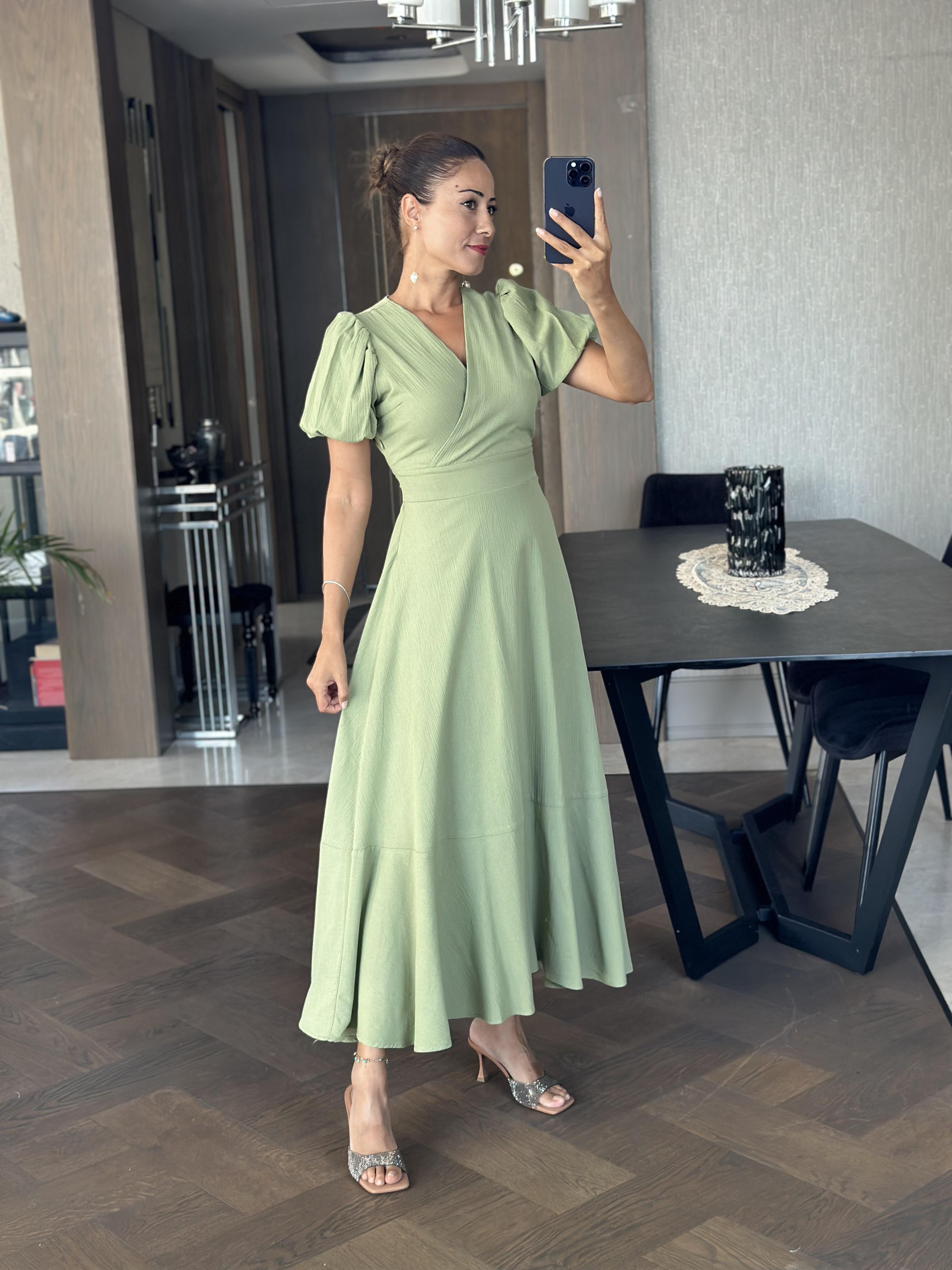Haki Kruvaze Yaka Kuşaklı Kol Uçları Lastikli Midi Boy Kadın Elbise