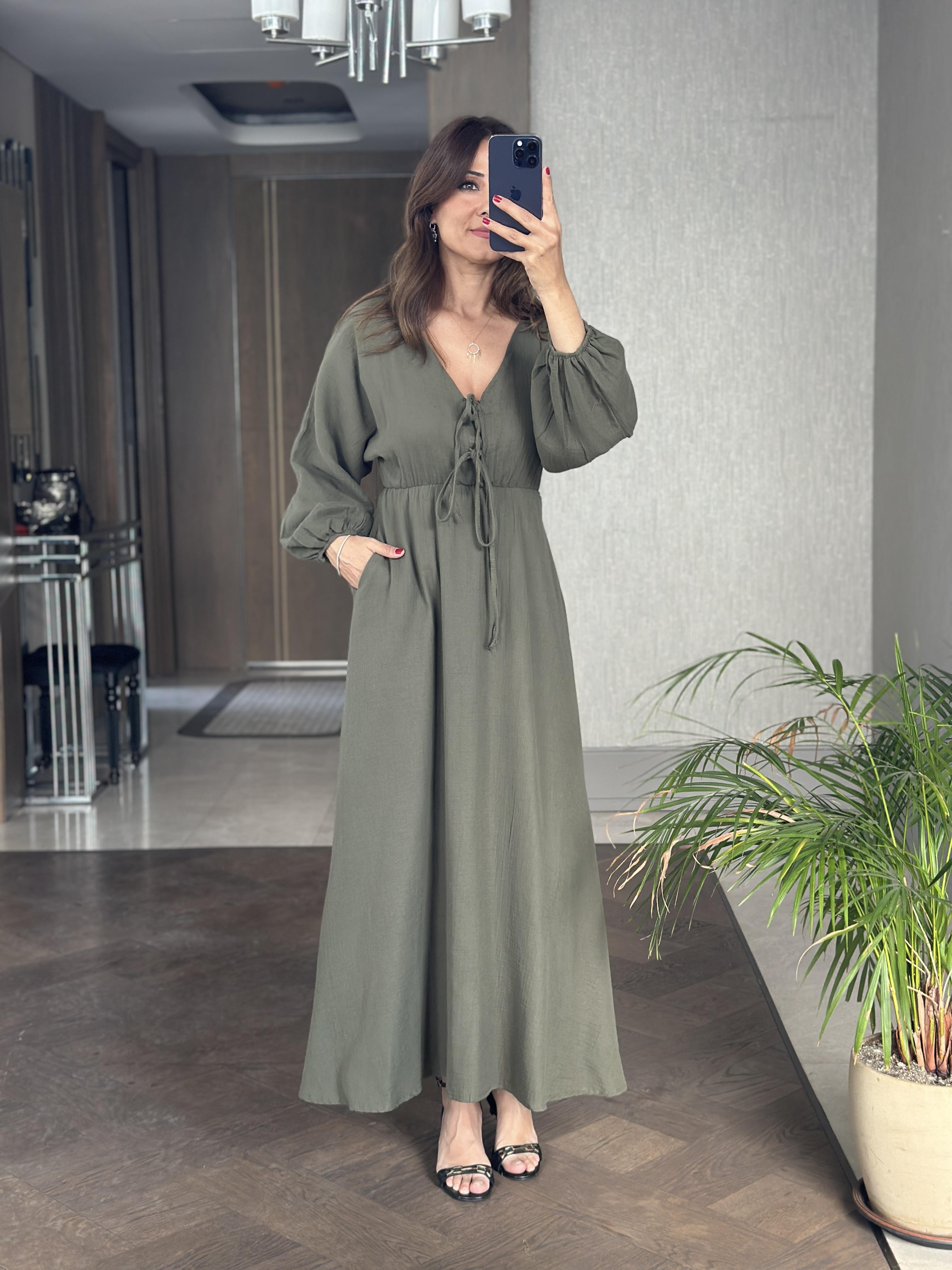 Haki Müslin Önü Bağcıklı Kol Ucu Lastikli Kadın Midi Boy Elbise