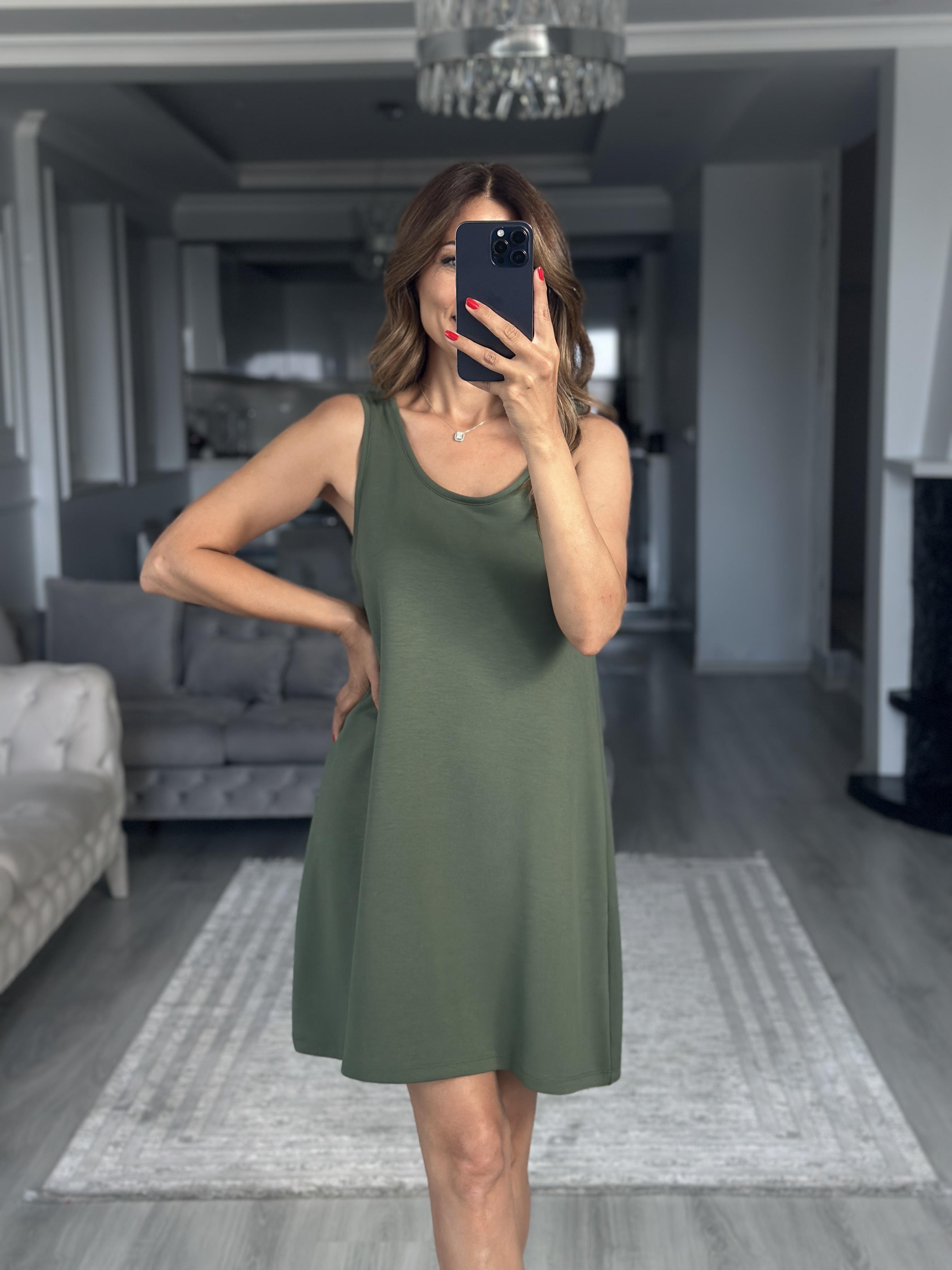 Haki Ön Arka U Yaka  Basic Mini Kadın Elbise