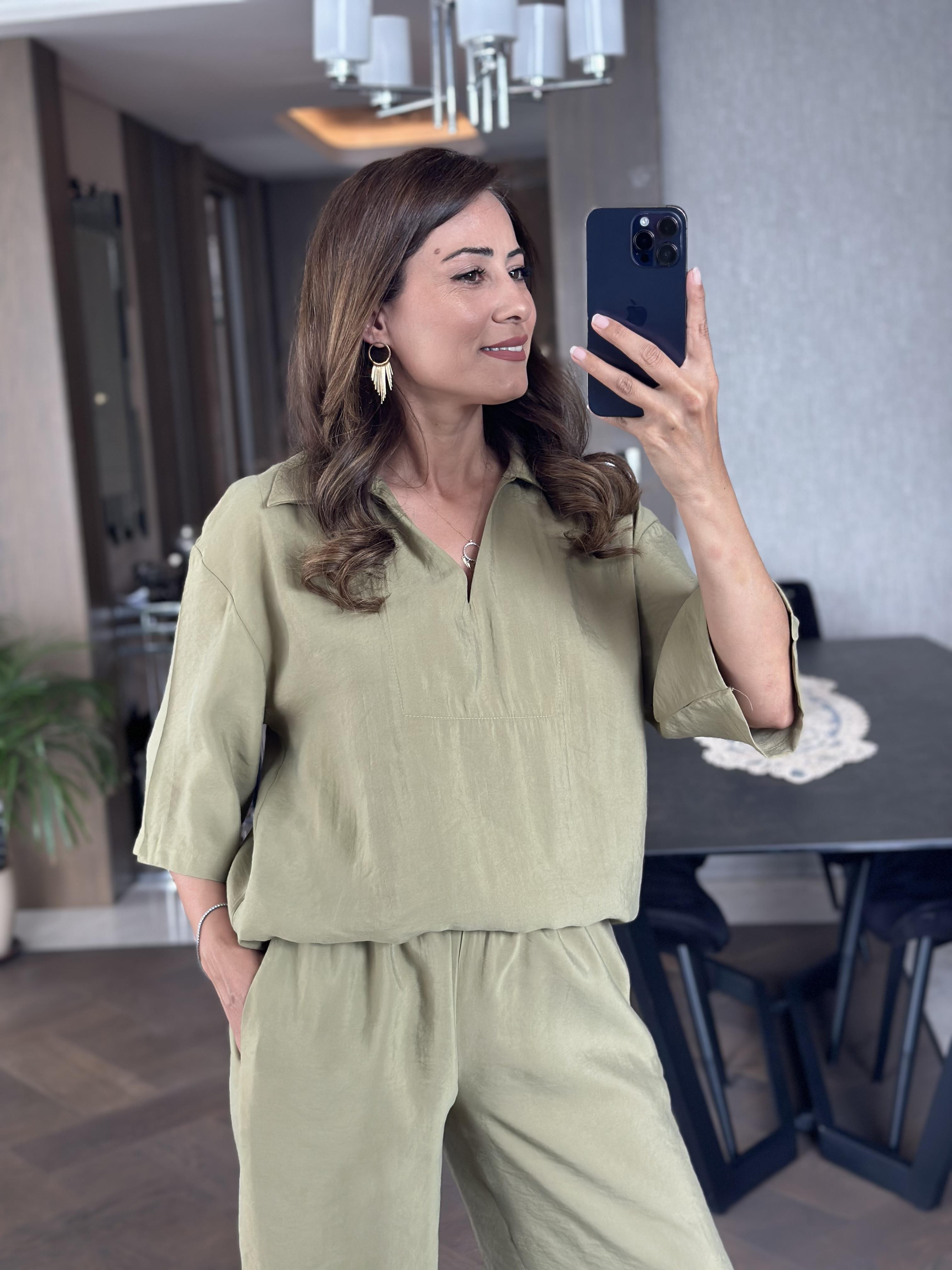 Haki Oversize Kısa Kol Gömlek Yaka Tnsel İkili Kadın İkili Takım