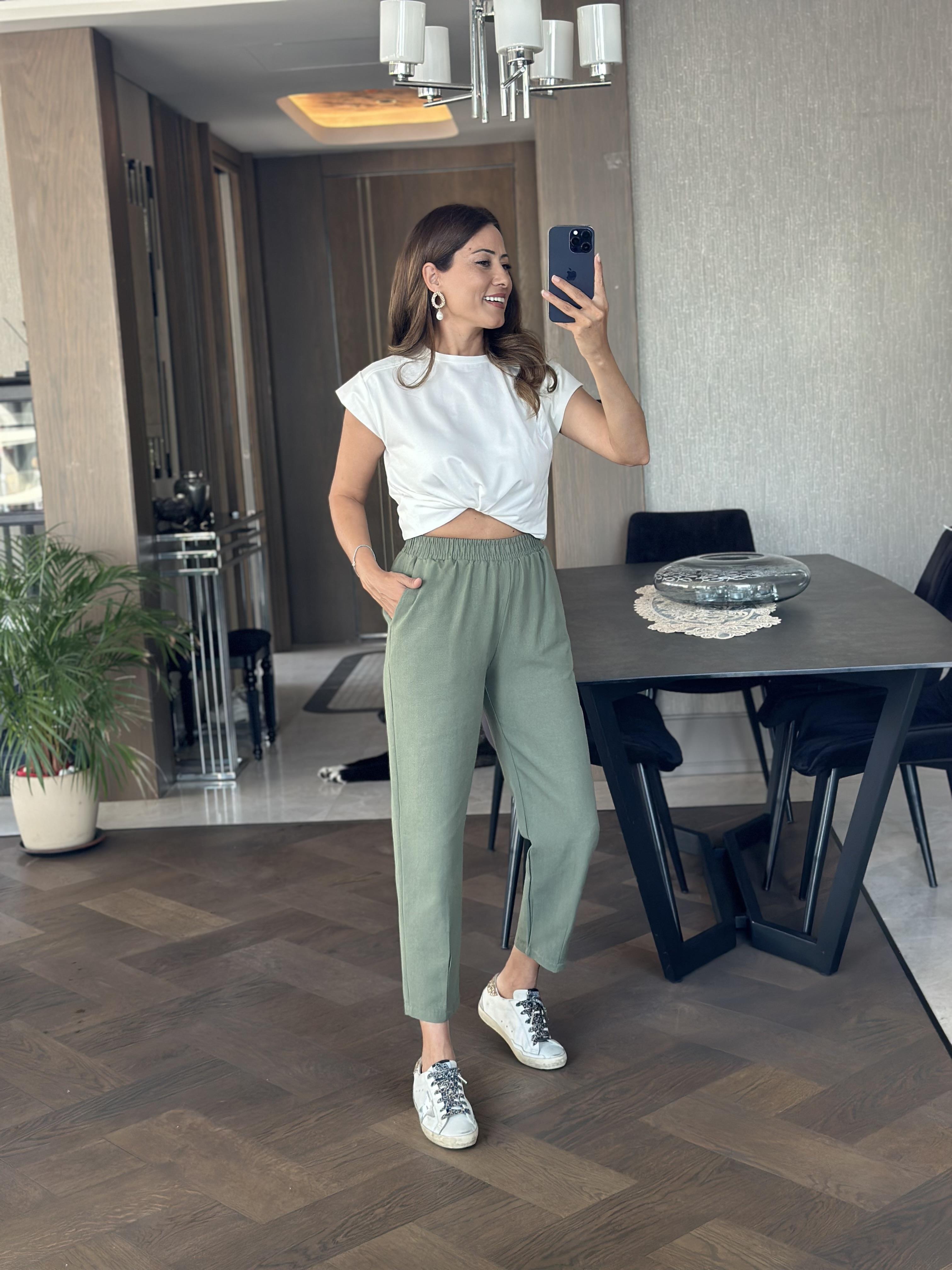 Haki Paçası Dikiş Detay Beli Lastikli Cepli Keten Kadın Pantolon