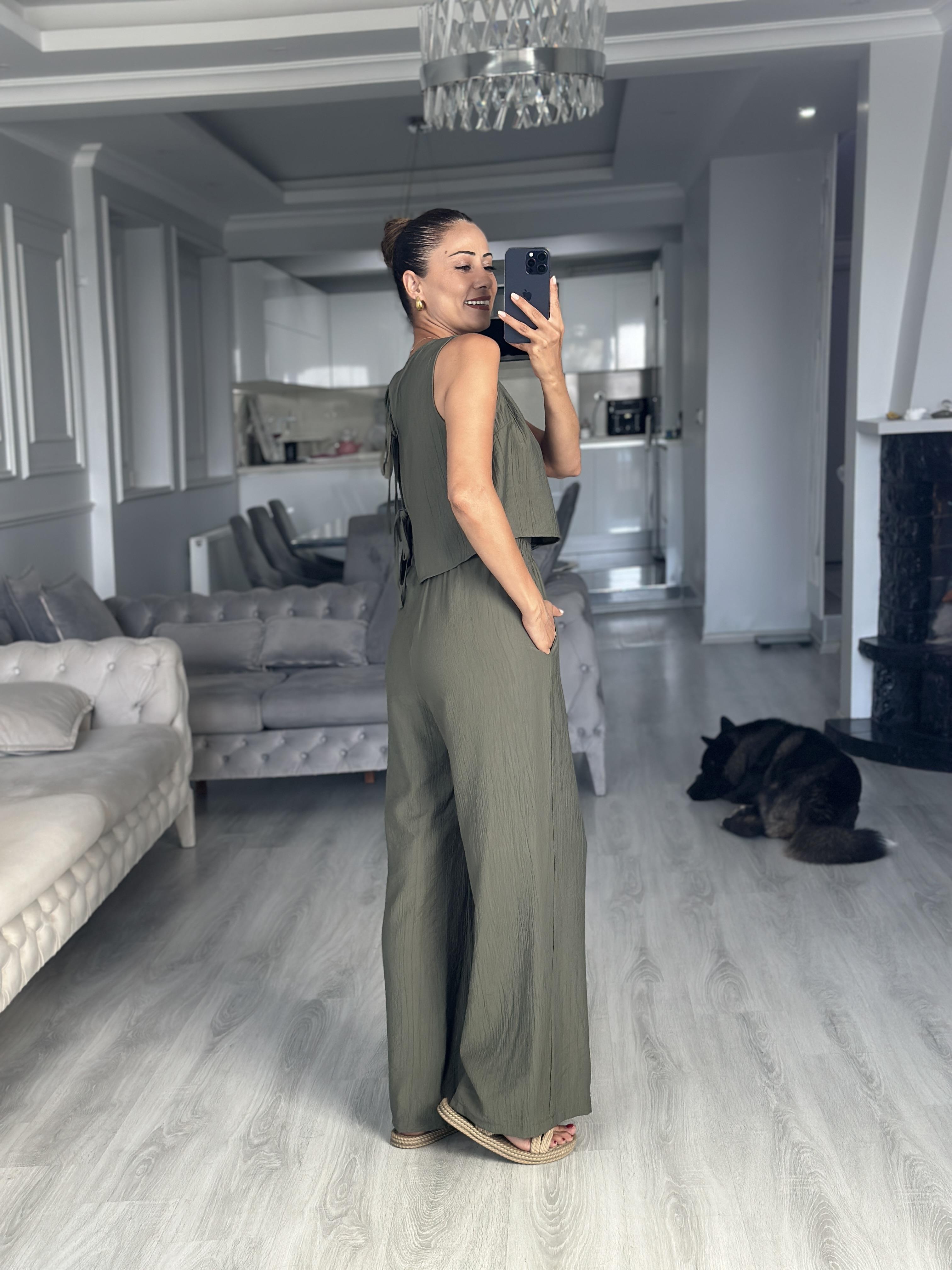 Haki Sıfır Kol Arkası Bağcıklı Bluz Pantolon Kadın İkili Takım