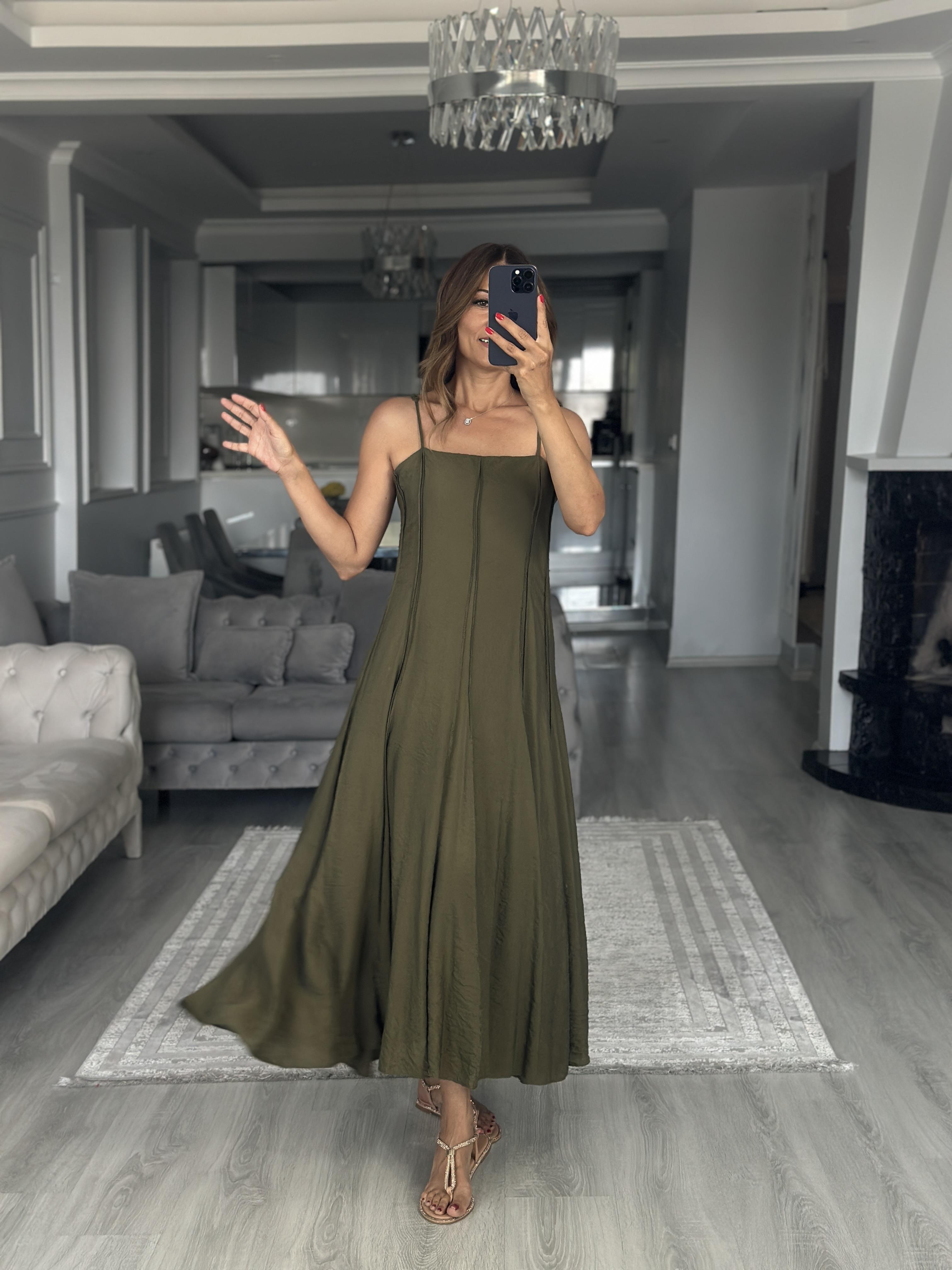 Haki Straplez Yaka İnce Askılı Midi Boy Kadın Elbise