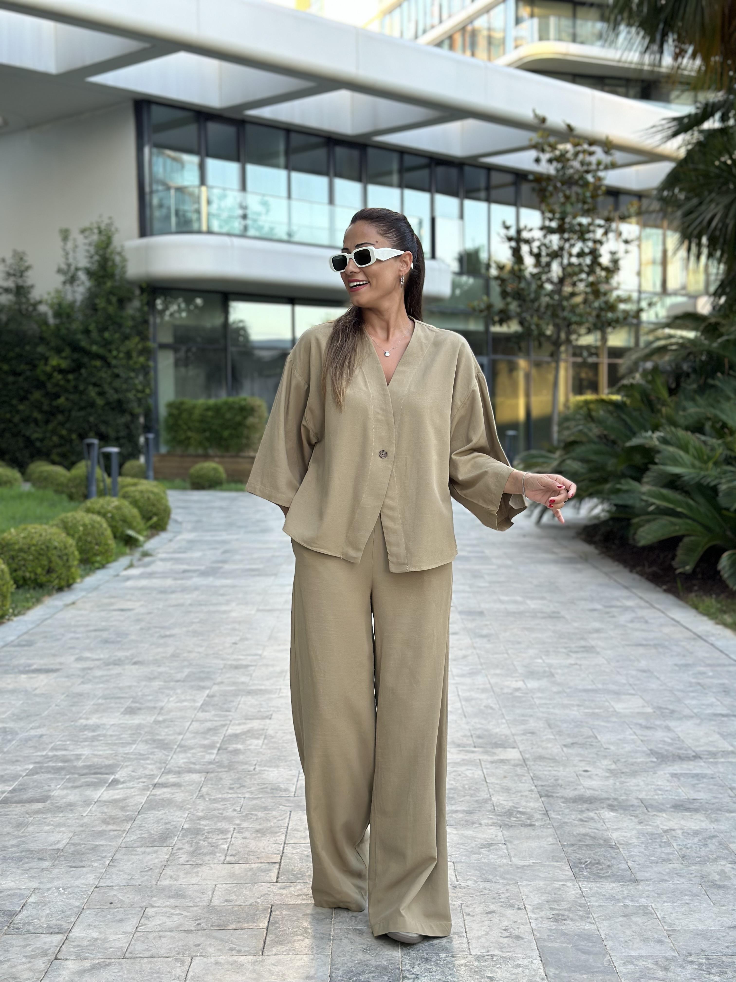 Haki Tek Düğmeli Kimono Pantolon Keten Kadın Alt Üst Takım