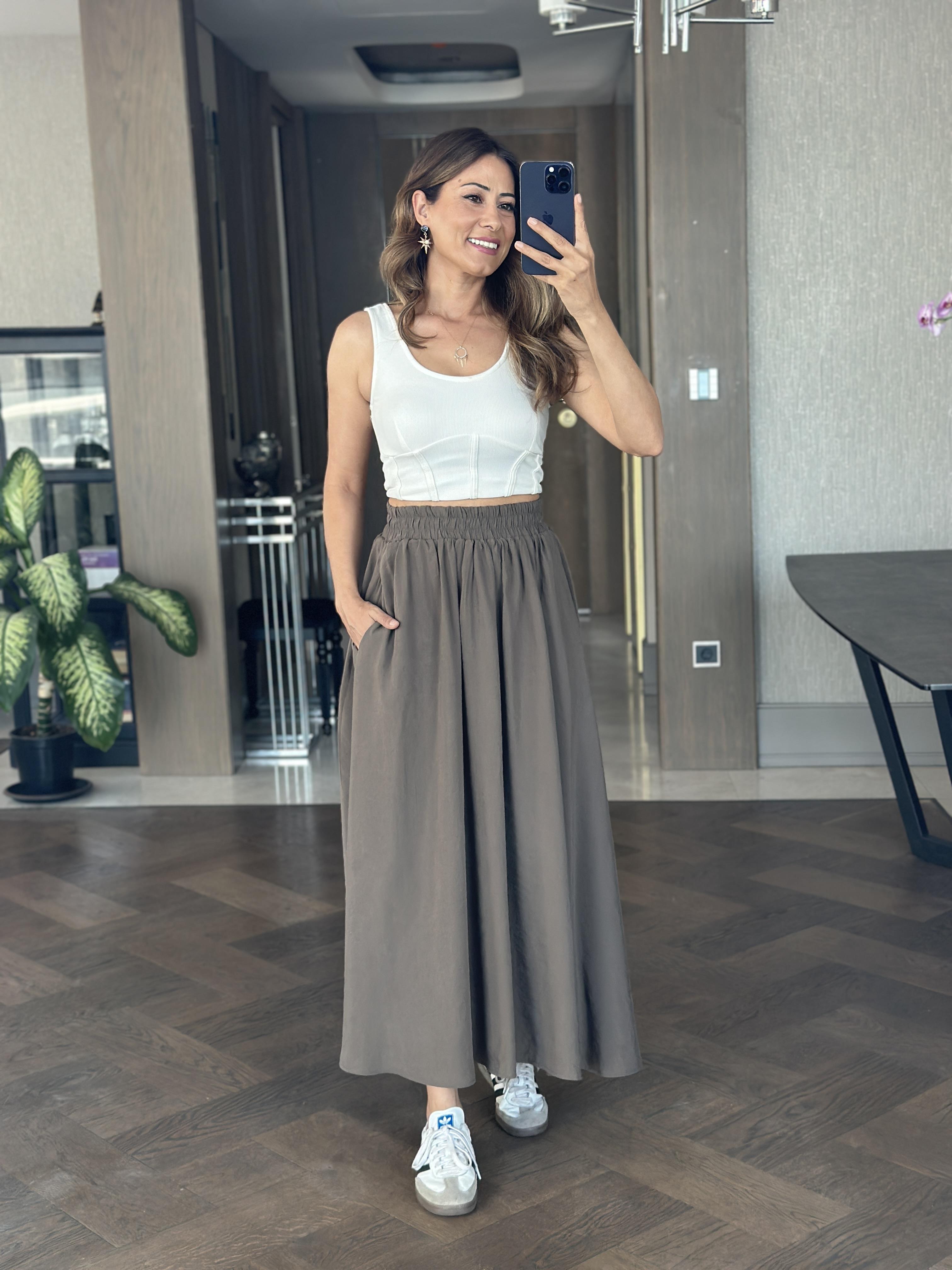 Haki Tnsl Kumaş Beli Lastikli Cepli Kadın Midi Boy Etek