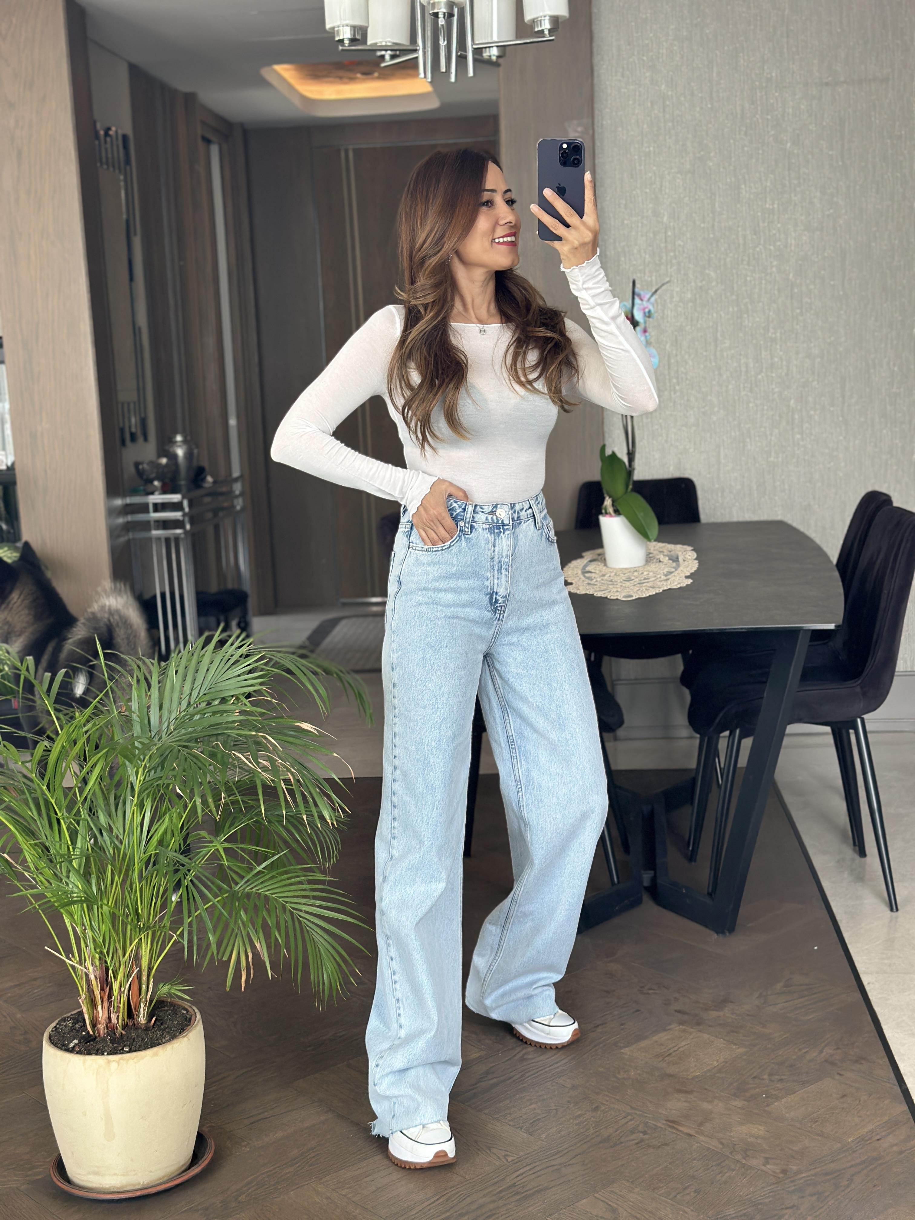 Ice Blue Kesik Paça  Wide Leg Kadın Jean Pantolon