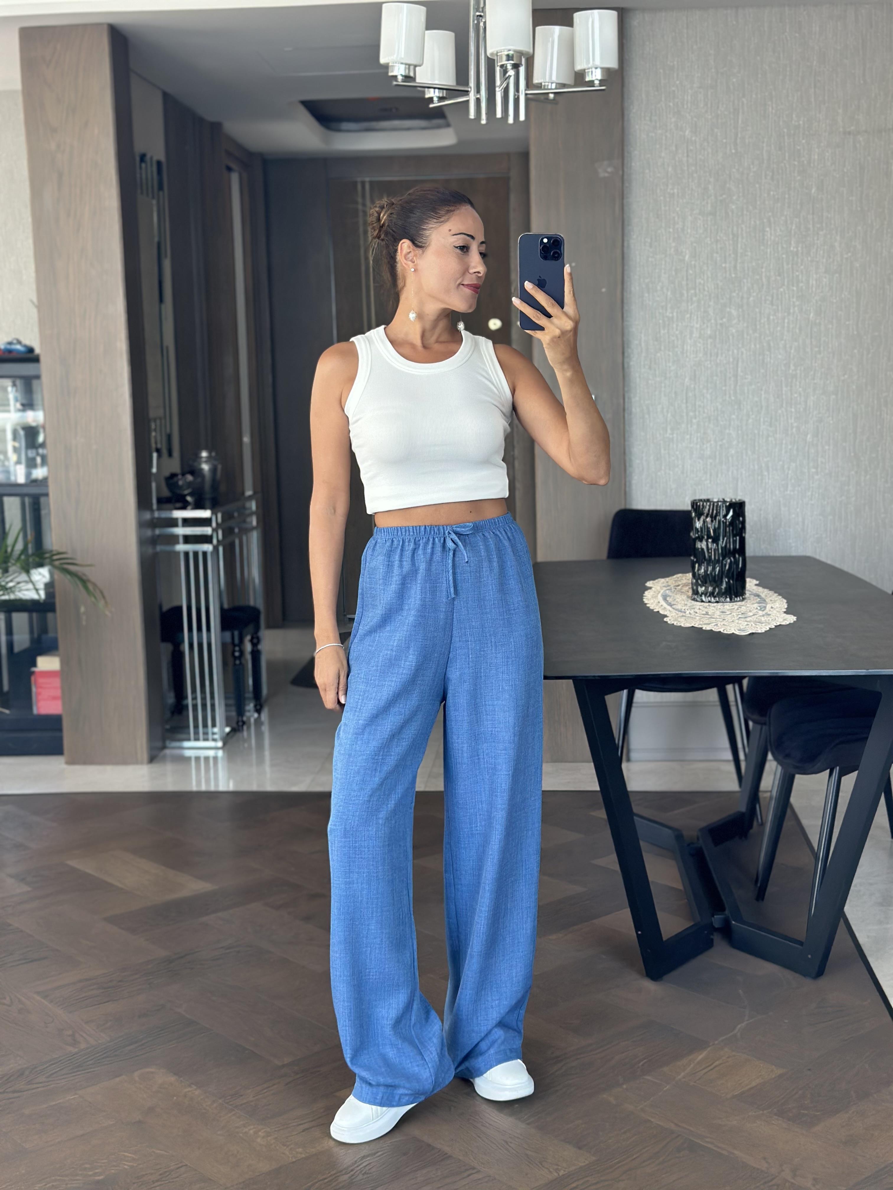 İndigo Beli Bağcık Detay Lastikli Bol Paça Aerobin Kadın Pantolon